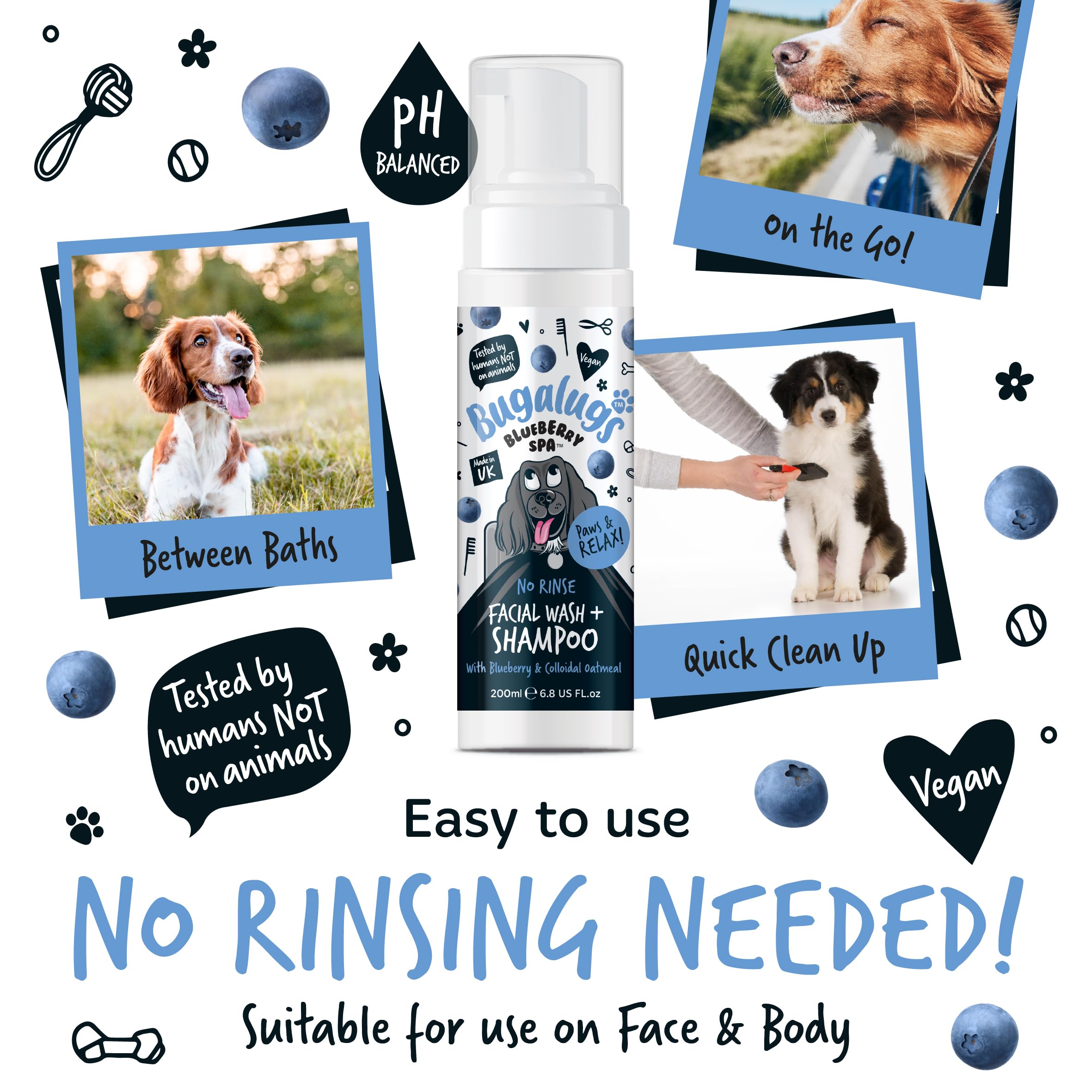Bugalugs Dog Face Wash Dry Shampoo for Dogs Blueberry Spa Facial no rinse shampoo tear stain remover for dogs eyes Brightens & Refreshes pets faces (No Rinse Facial Wash & Shampoo 200ml) - Image 4