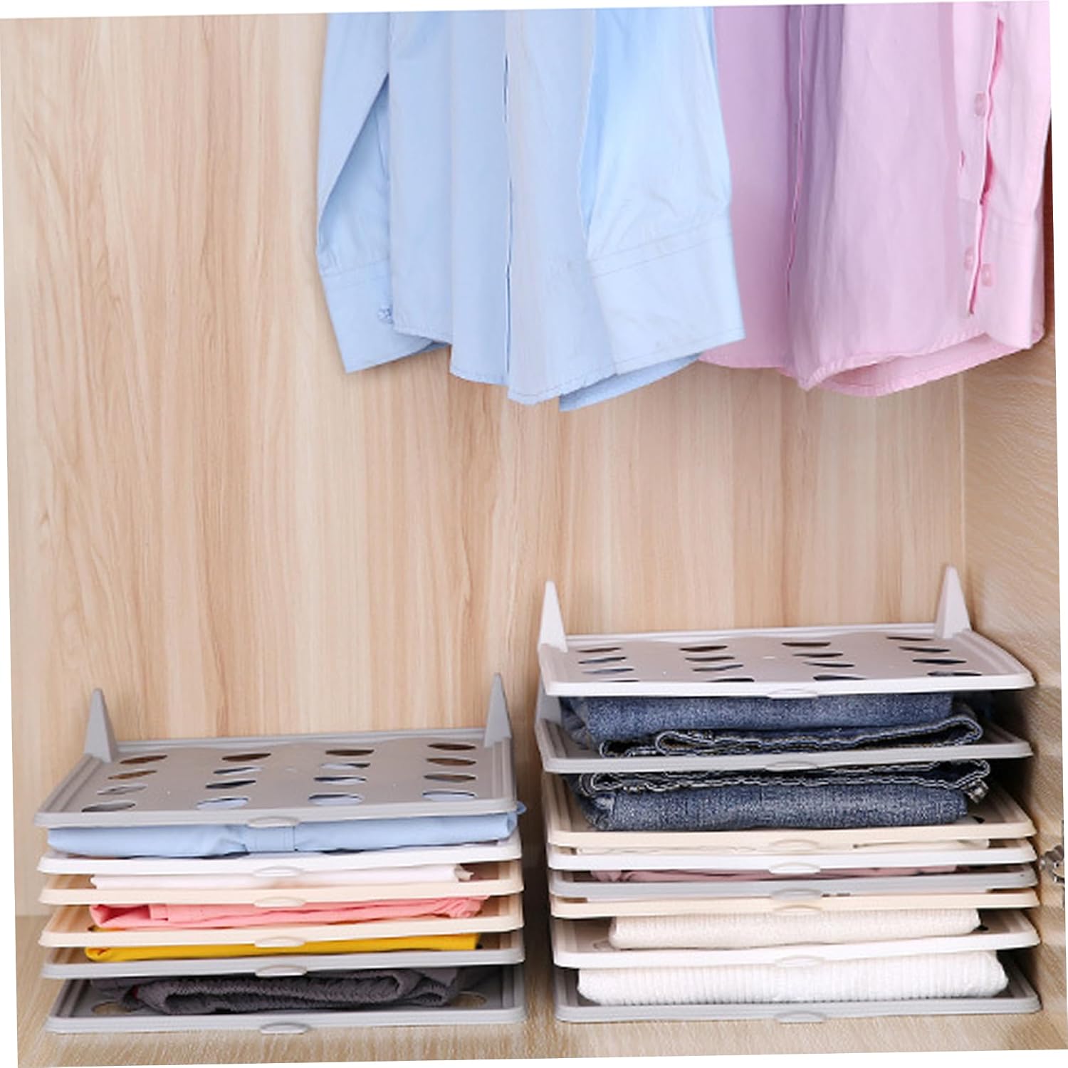 Drawer Organisers, 5PCS Stackable Clothing Organizer, Plastic Clothes Folding Board Mess Free Shirt Organizer for Closet & Drawer Storage, Beige
