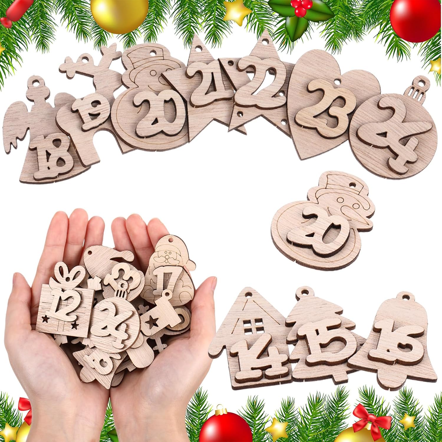 Briwooody 48 Pcs 1-24 Number Wooden Calendar for Christmas, Christmas Countdown Advent Calendar Number Tags with String, Number Pendants for Xmas Tree Decoration Hanging Ornaments DIY Craft Gift Tags