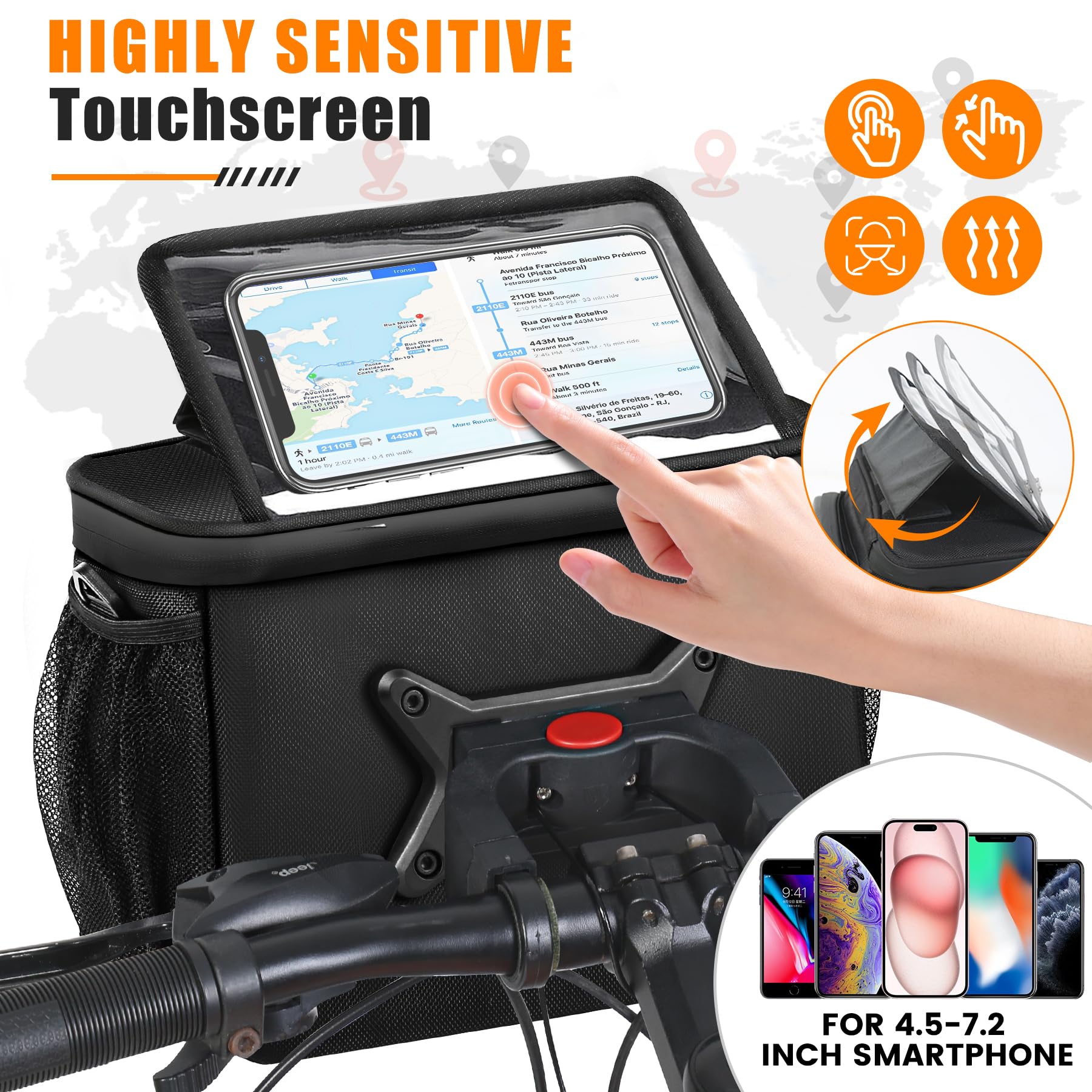 Sacoche de Guidon Vélo 7L – Sac de Guidon Imperméable avec Adaptateur de Guidon pour Vélos et Vélos Électriques, Sacoche de Guidon avec Écran Tactile et Sangle d'Épaule Amovible
