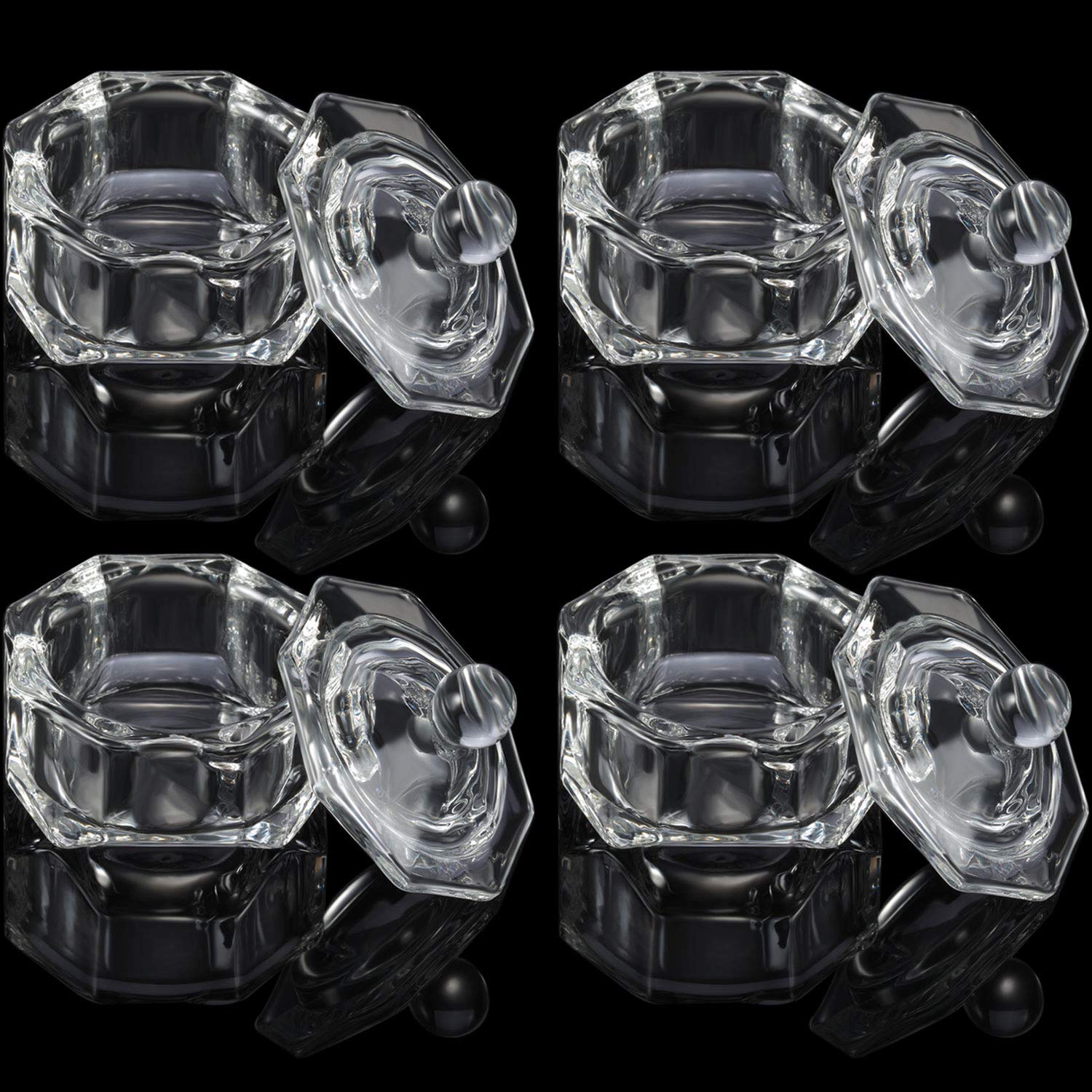 4 Pack Glass Nail Dappen Dish with Lid, Clear Nail Art Acrylic Liquid Powder Dappen Dish Bowl Glass Crystal Cup Glassware
