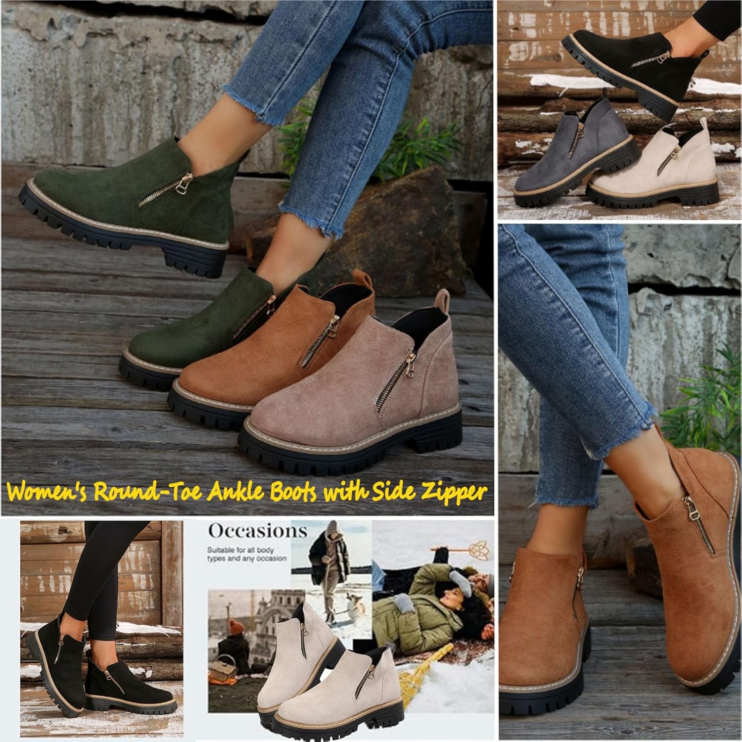 OTMYIGO Damen Stiefeletten Mit Blockabsatz - 7cm Absatz Reißverschluss