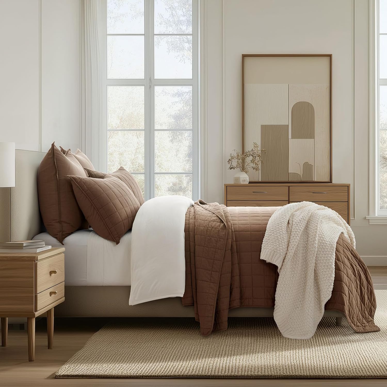 EVERGRACEHOME 100% Cotton Box Stitch Quilt Bedding Set Queen Size 3 Pieces, Garment-Washed Lightweight Soft Cozy Coverlet, Quilted Bedspread Sets with 2 Shams for All Season, Sienna Brown