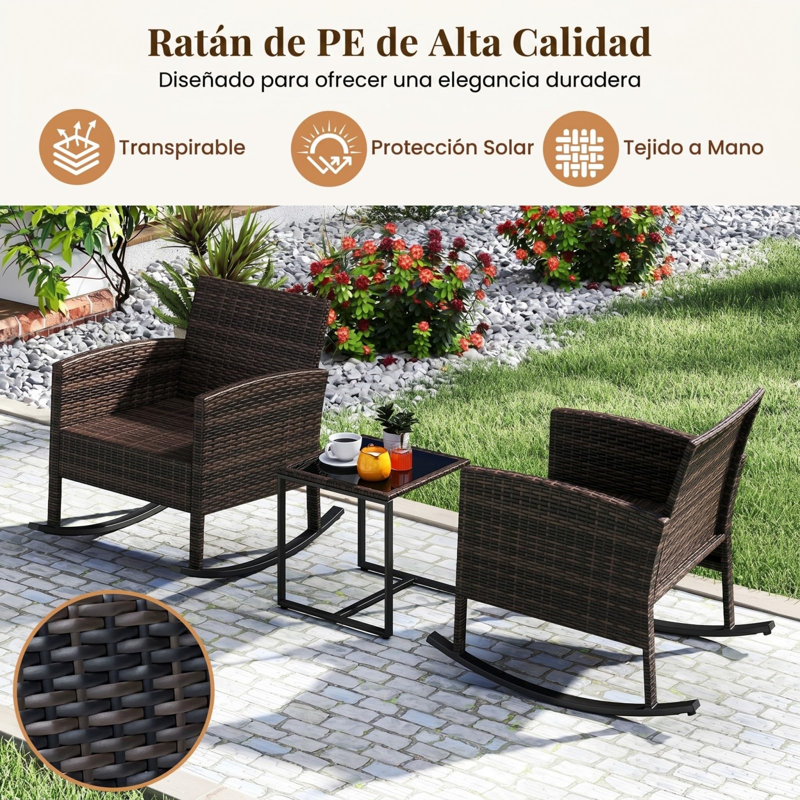COSTWAY Conjunto Jardin Exterior de Ratán de 3 Piezas, Set de Mesa de Centro de Cristal Templado con 2 Sillones Mecedores, Cojines Suaves y Fundas Lavables, Muebles de Jardín para Terraza (Beige)