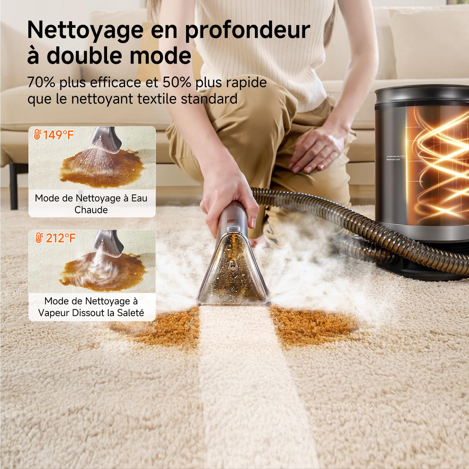Uwant B400 Vapeur et Chauffage Shampouineuse Canapé Professionnel ，Aspiration Puissante 18Kpa，Portable avec 4 Accessoires,Nettoyeur Canapé Tissus 2-en-1 pour Tapis Set of 1,Meubles, Tissus, Voiture