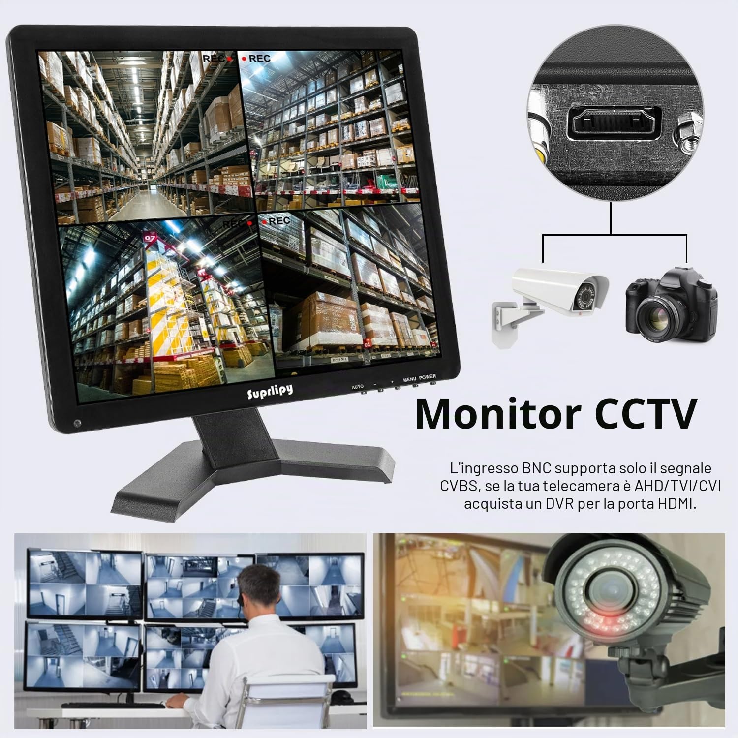 Monitor di sicurezza CCTV TFT LCD da 19 pollici, 1280 x 1024, 4:3, schermo a colori, HDMI, VGA, AV, BNC, ingresso con telecomando, altoparlanti integrati per telecamera di sorveglianza