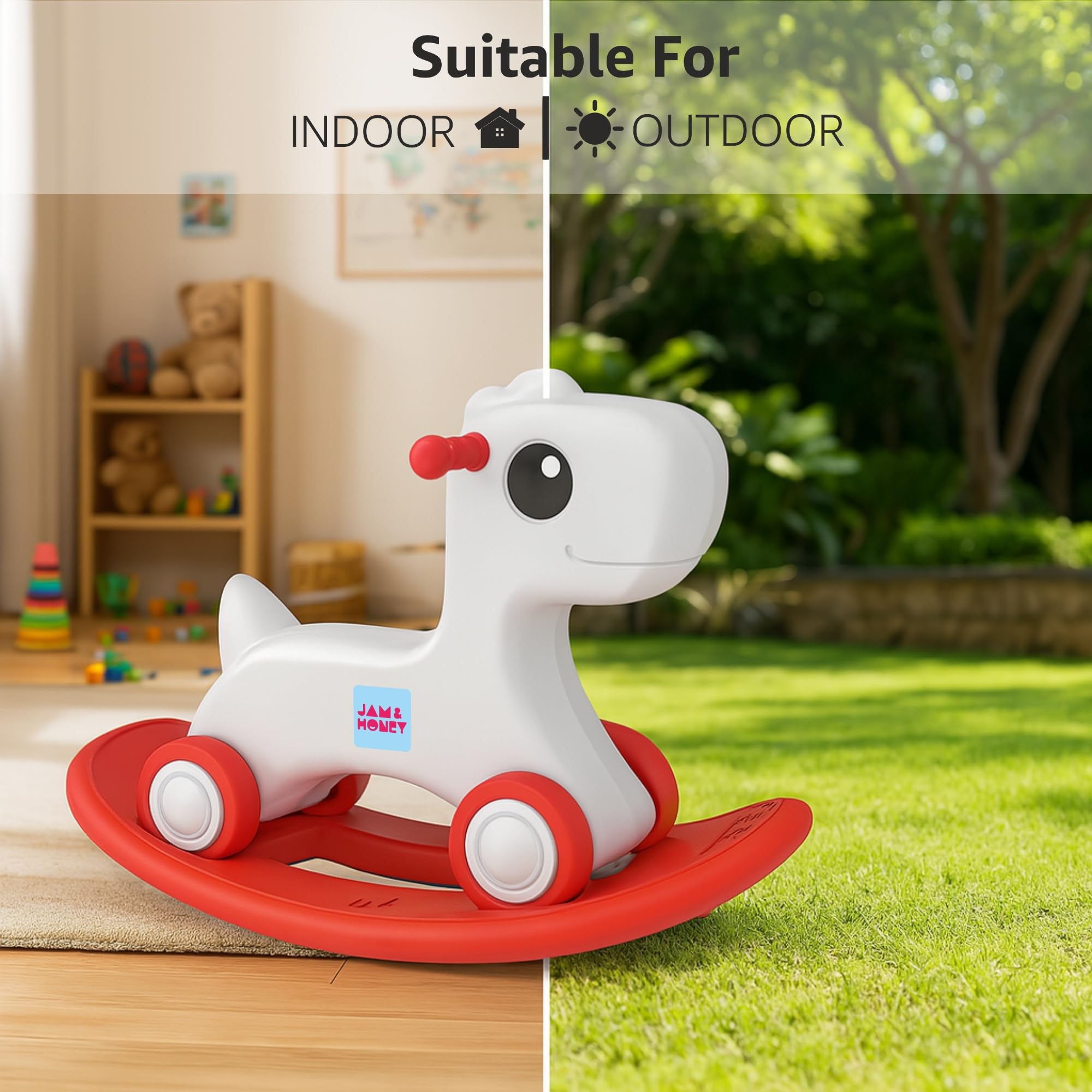 Amazon Brand - Jam & Honey 3-in-1 Baby Push On Ride On Rocker for Kids | Balancing Board | Backrest | Easy Grip | Four Wheel | Durable and Safe | Lightweight | Animal Theme | 12 Months+ | Red & Grey 3