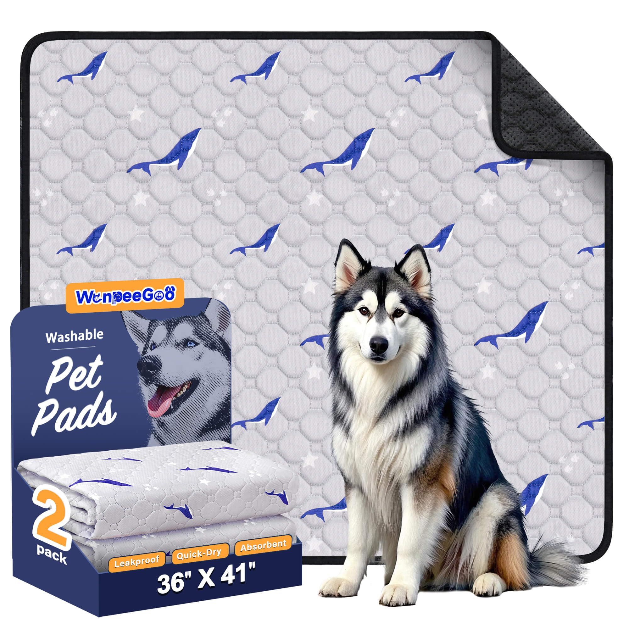 Washable Dog Pee Pads, Non-Slip Waterproof, 92 x 104 cm, 2 Pack, Dolphin