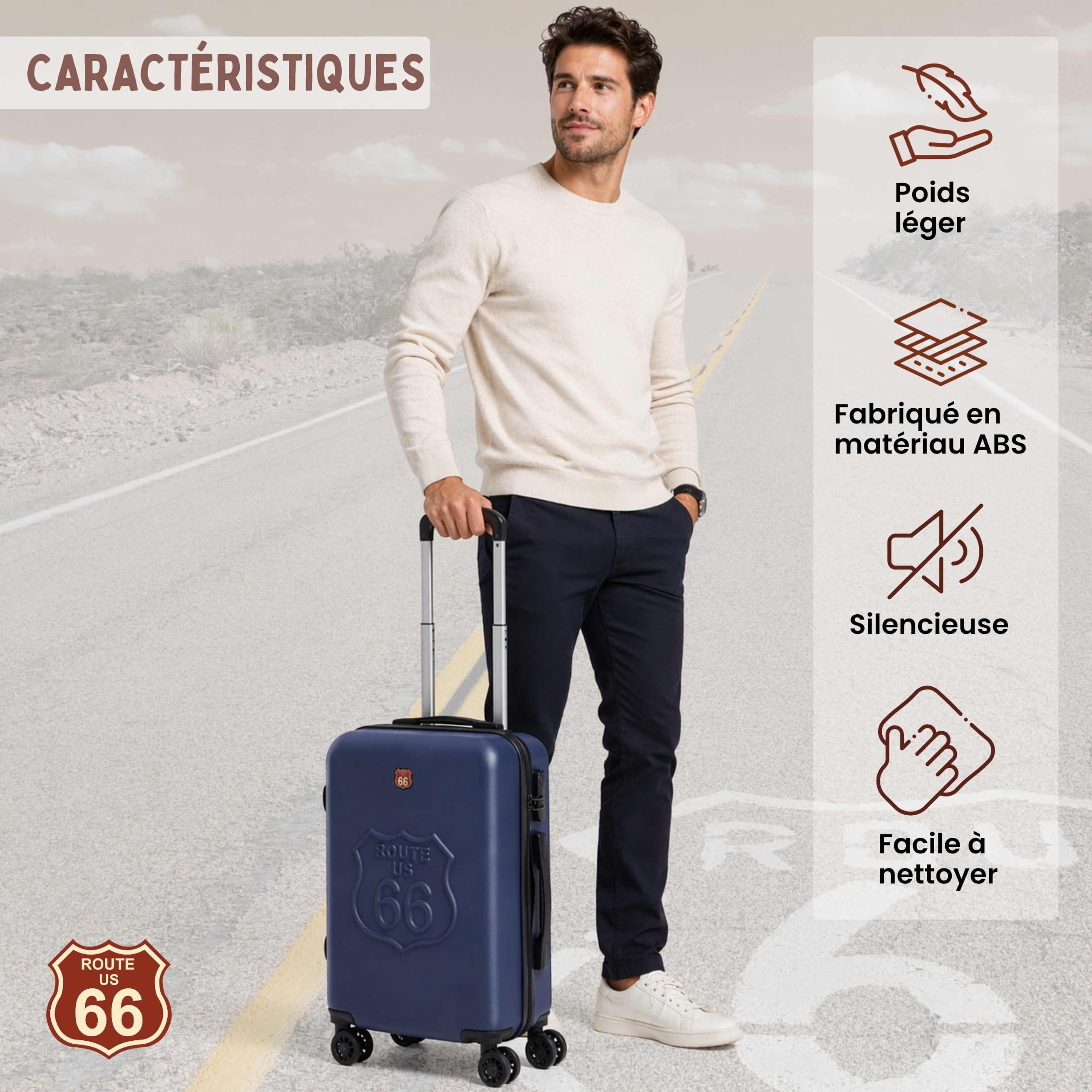 Route 66 - Walizka kabinowa 55x40x20 sztywny ABS 4 koła - bagaż samolotowy | Lekka twarda walizka, bagaż podręczny Ryanair, walizka na 4 kółkach, torba kabinowa samolotu, walizka podróżna na kółkach