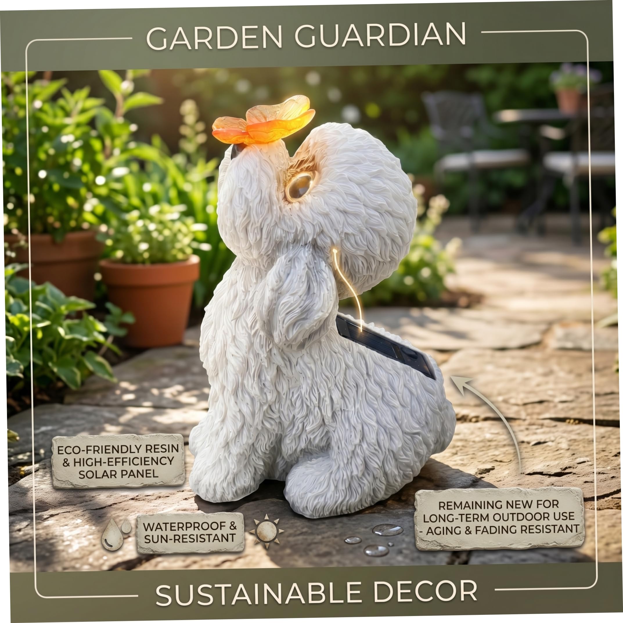 Estatuas de Perros al Aire Libre, Estatua de jardín Solar, estatuilla de Perro de Peluche Blanco con luz LED de Mariposa - Decoración de Patio y Patio al Aire Libre