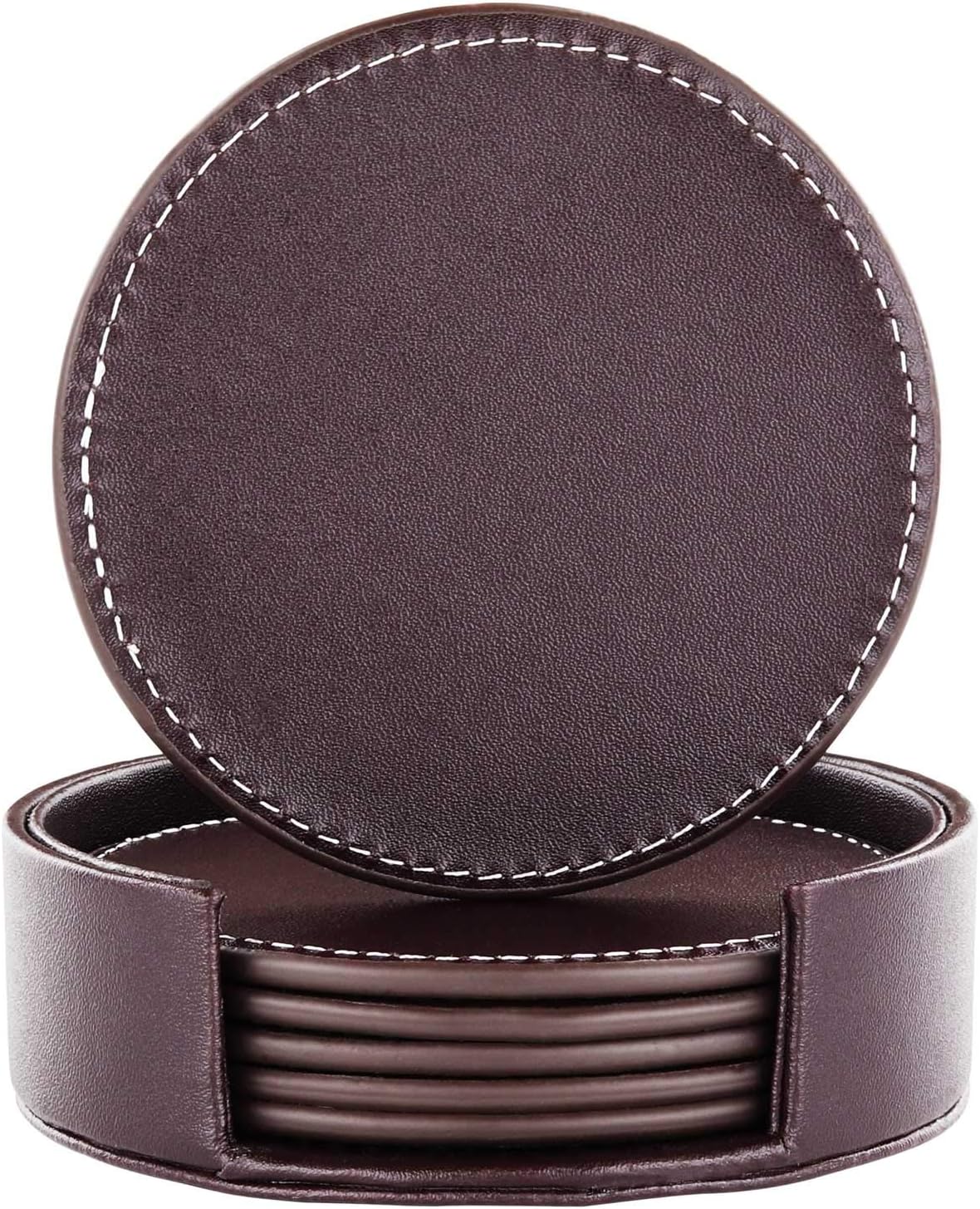 Coasters for Drinks, Brown Leather Coasters Set of 6 with Holder, Funny Housewarming Gift, Protect Furniture from Damage