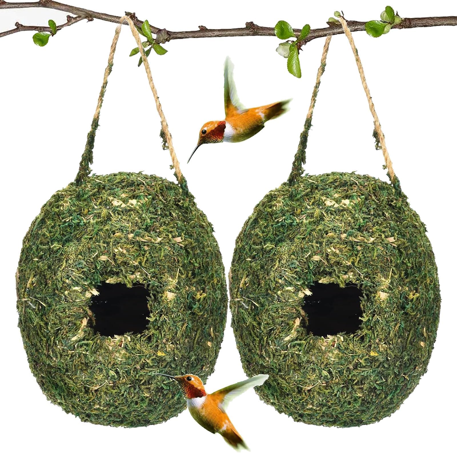 Bird Nest, 2 Pcs Hand Woven Hanging Hummingbird House, Humming Bird Houses for Outdoor Hanging, Natural Grass Bird Hut, Outside Roosting Pocket Nest Provides Shelter, for Finch and Canary