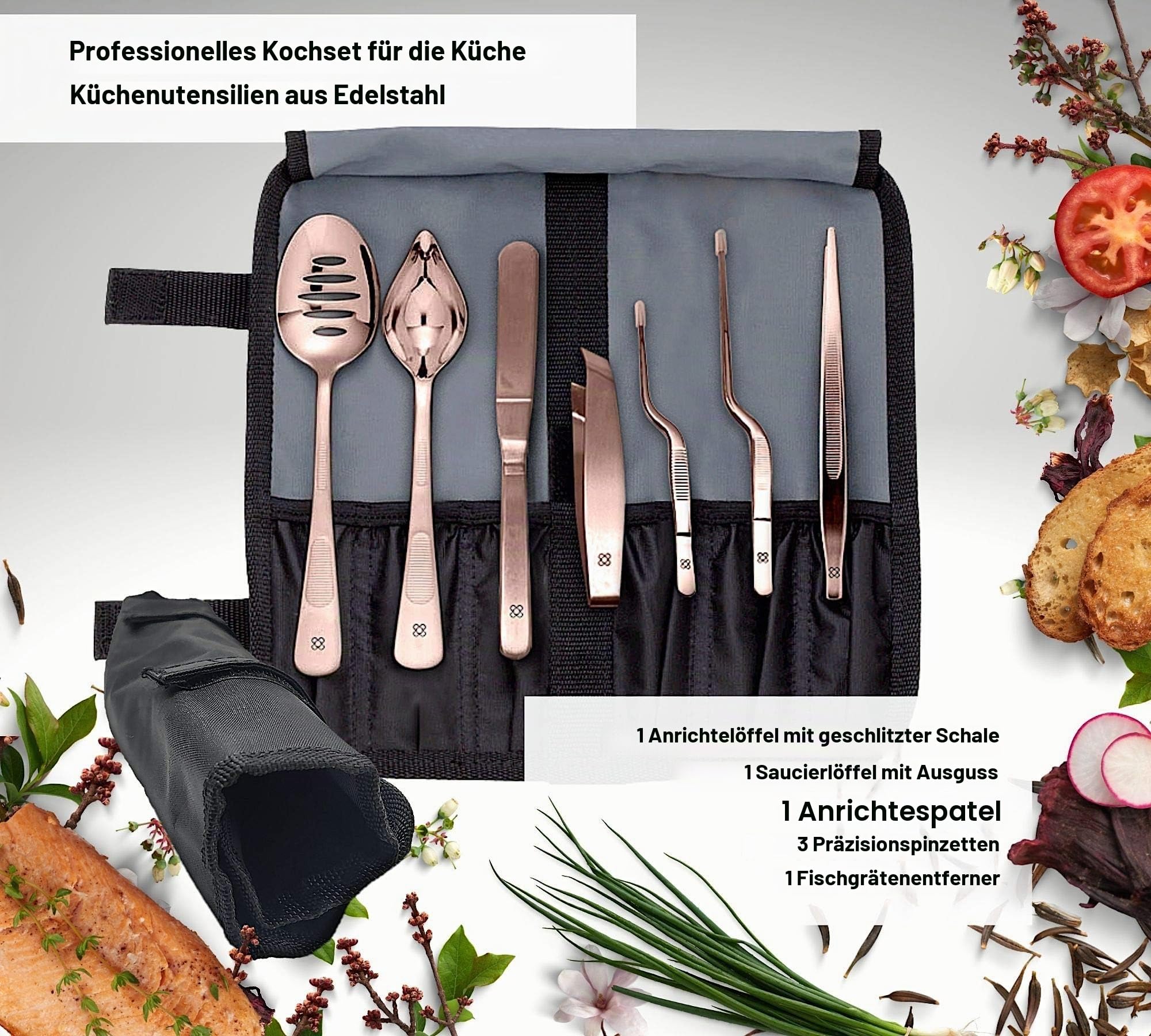 DOJA Barcelona | Kueche Chef Kochutensilien | Farbe: Kupfer | 7 Utensilien Edelstahl Plating Kit | Kuechen-Werkzeug Koch Set | Deko Garnieren Gadgets | Pinzette, Schlitz, Loeffel, Spachtel Spatel...
