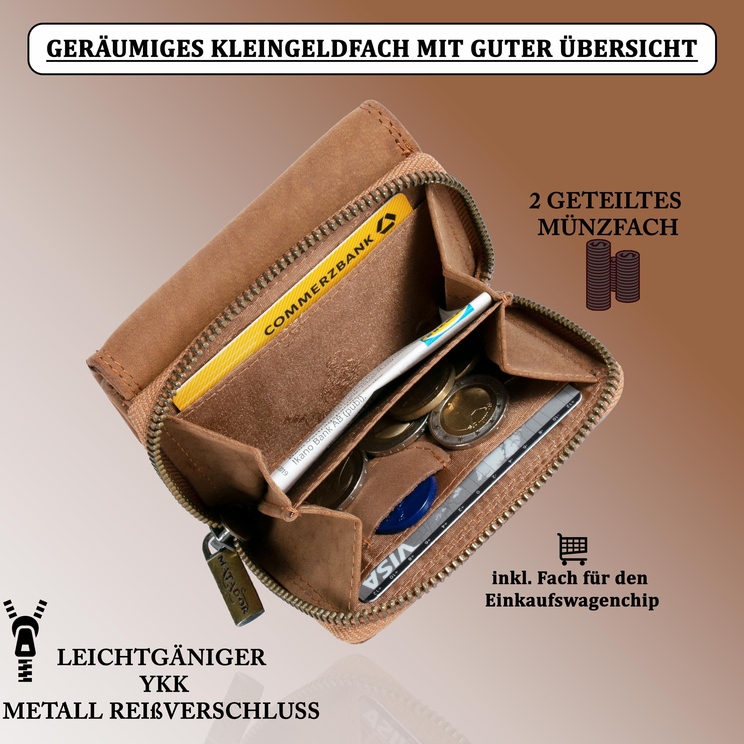 MATADOR Porte Monnaie Homme Cuir #CHIQUITO Petit Porte Monnaie avec Noble Boîte Cadeau, Wallet de Luxe avec RFID, Mini Portefeuille Homme avec de Nombreux Compartiments à Cartes en Marron Clair