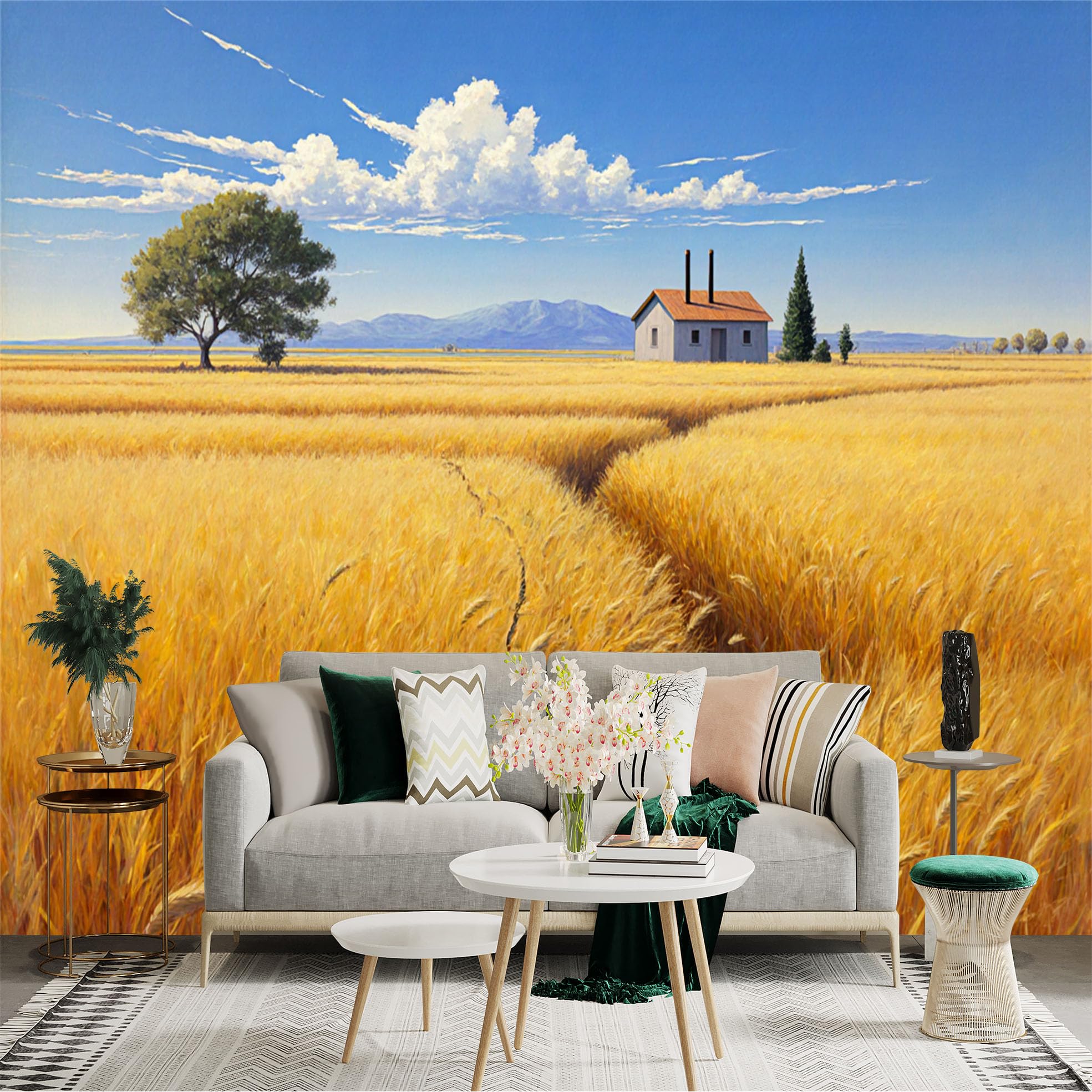 Lnzczhyre Xc260505068 Custom Size Wall Sticker Mural， Golden Wheat Field， Rustic Cottage， Sunny Blue Sky， Peaceful Countryside Scenery， For Wall Decoration， Peelandstick Wall Decals.