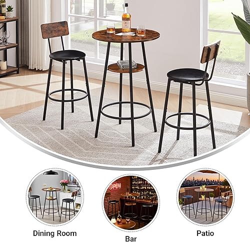 Miniatura 3 de Juego de mesa redonda de barra de 3 piezas para 2, taburetes tapizados de poliuretano con respaldo y mesa redonda de barra alta con asientos