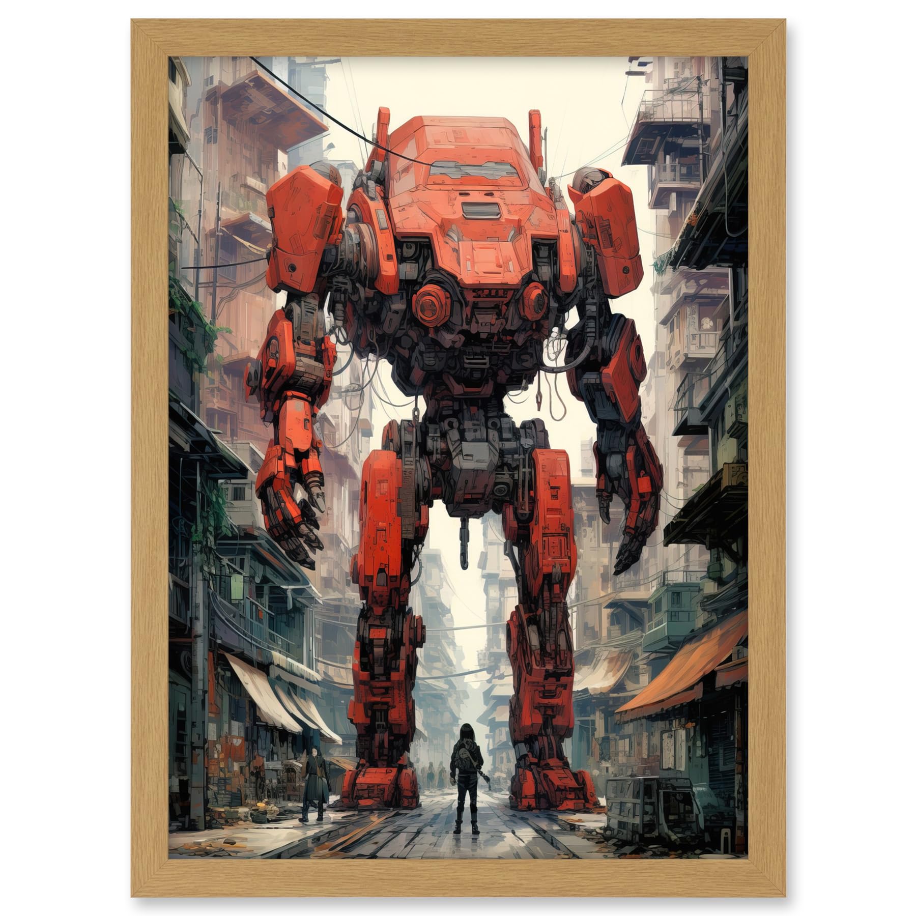Artery8 Red Mecha Robot in City Street Anime Sci-Fi Artwork Giant Humanoid Machine Fantasy Science Fiction Artwork Framed A3 Wall Art Print