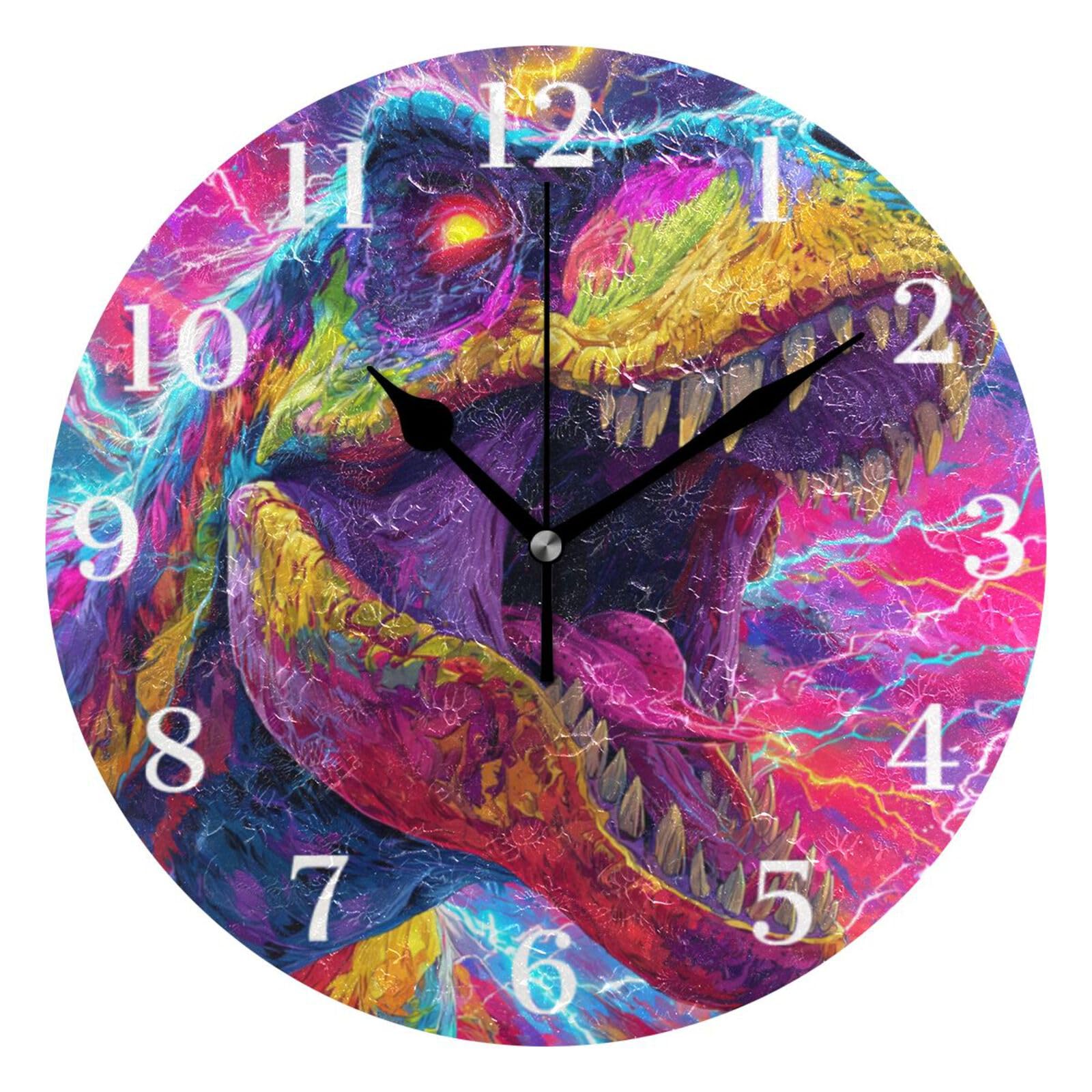 Ensound Colorful Lightning and Dinosaur Wall Clock Silent Non-Ticking Battery Operated Clocks 12 Inch for Kitchen Home Living Room