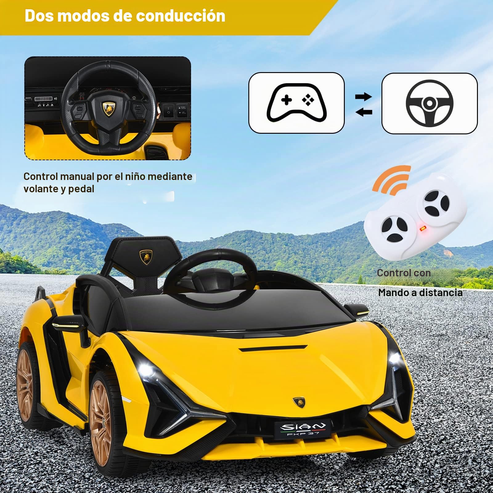 GOPLUS Lamborghini Coche Eléctrico 12V (Amarillo) | Vehículo Eléctrico para Niños de 3-8 Años, con Control Remoto, MP3 USB Bluetooth Música, 3-5km/h, Carga Máxima 25KG