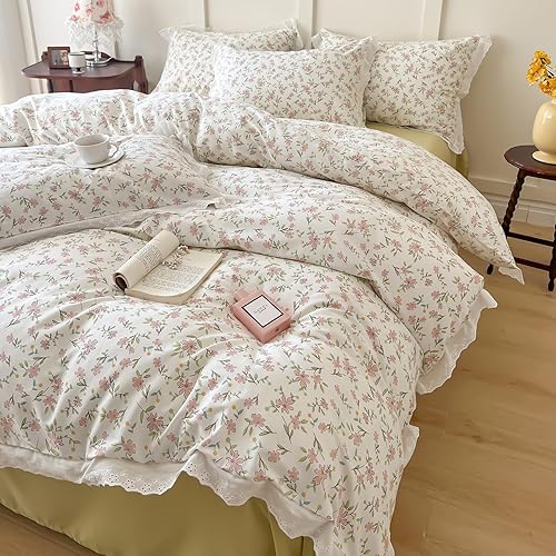 Miniatura 3 de EAVD Juego de funda de edredón con volantes florales de jardín de estilo francés, tamaño individual, suave, 100% algodón, color rosa, floral, con 2