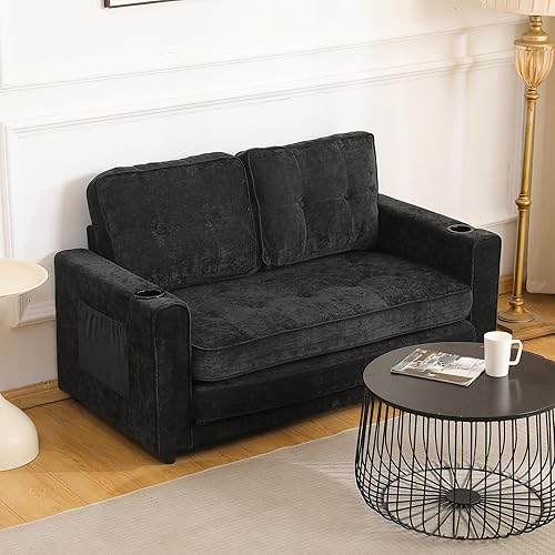 55" Convertible Sofa Bed, Futon Couch Sleeper sofabed, 3 Fold Sofa, Velvet Linen Fabric, Perfect for Small Spaces, Living Room, Home Office, Black