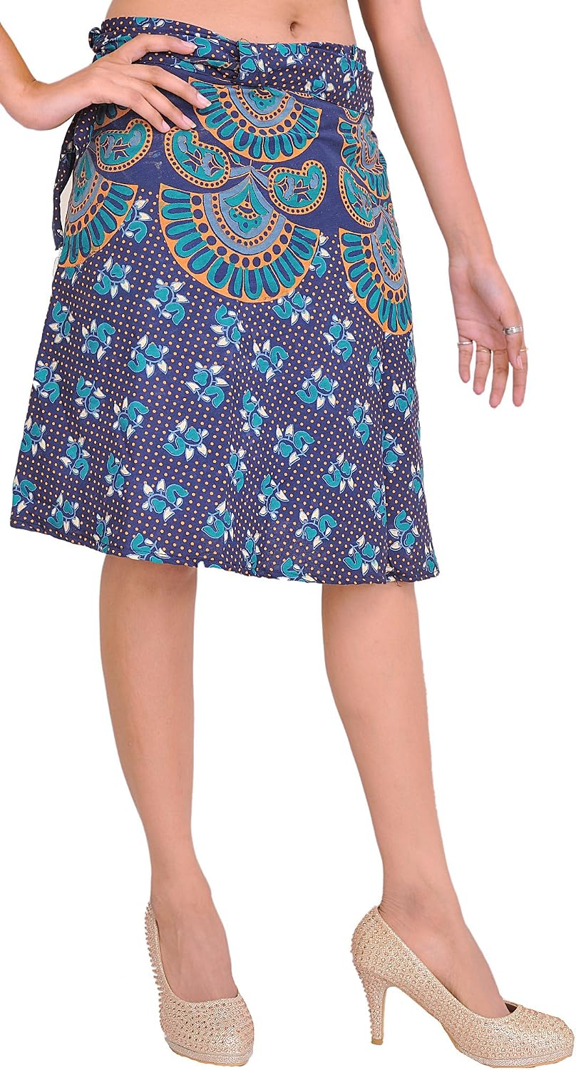 Exotic India Wrap-Around Sanganeri Short-Skirt with Printed Motifs