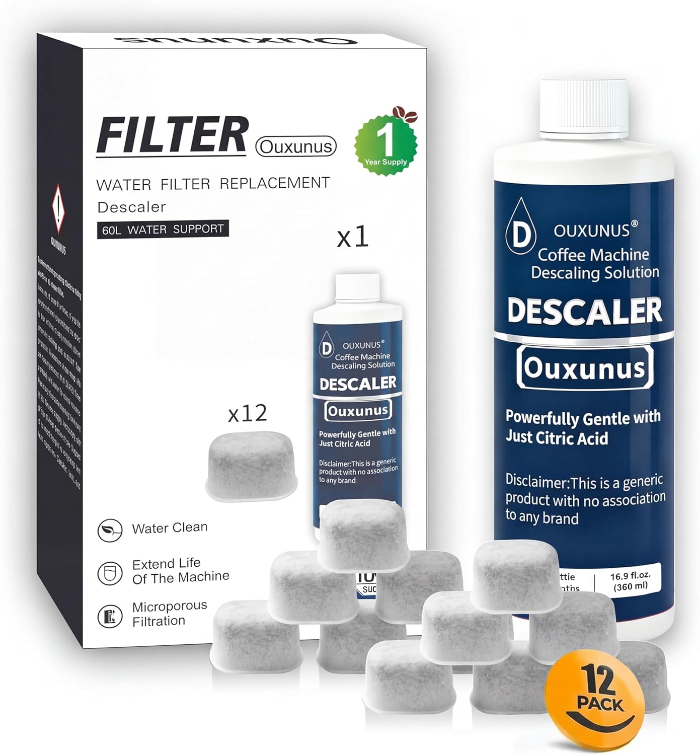 12-Pack Charcoal Water Filters & 16.9 fl Oz Descaling Solution Kit, Compatible with DeLonghi Coffee Machines, Complete Maintenance Bundle (5 Uses) (2)
