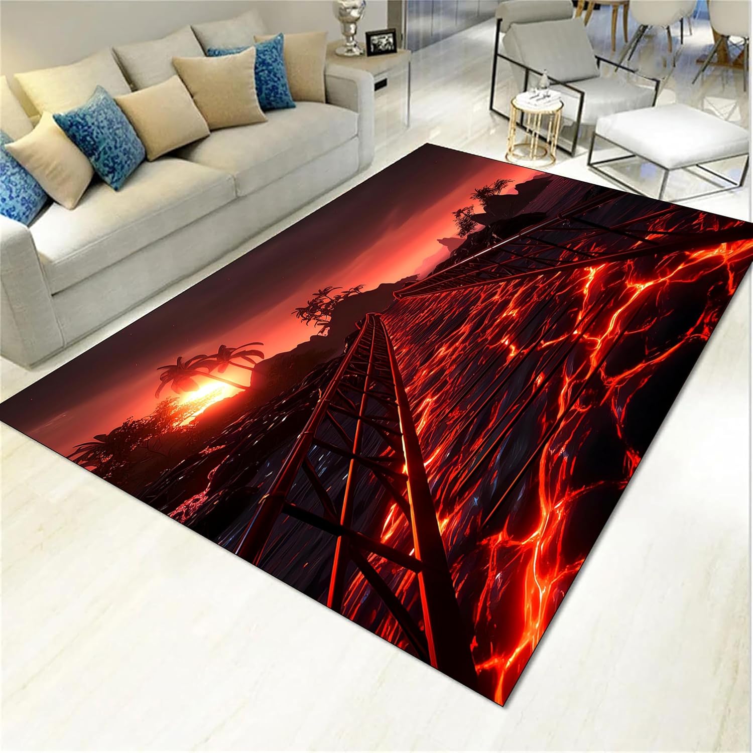Lava Rug 3D Flame Abstract Staircase Area Rug Washable 3D Optical Illusion Rug Hawaiian Island Background Soft Non-Slip Rug for Living Room, Bedroom, Apartment, Office Home Decoration 2x5ft
