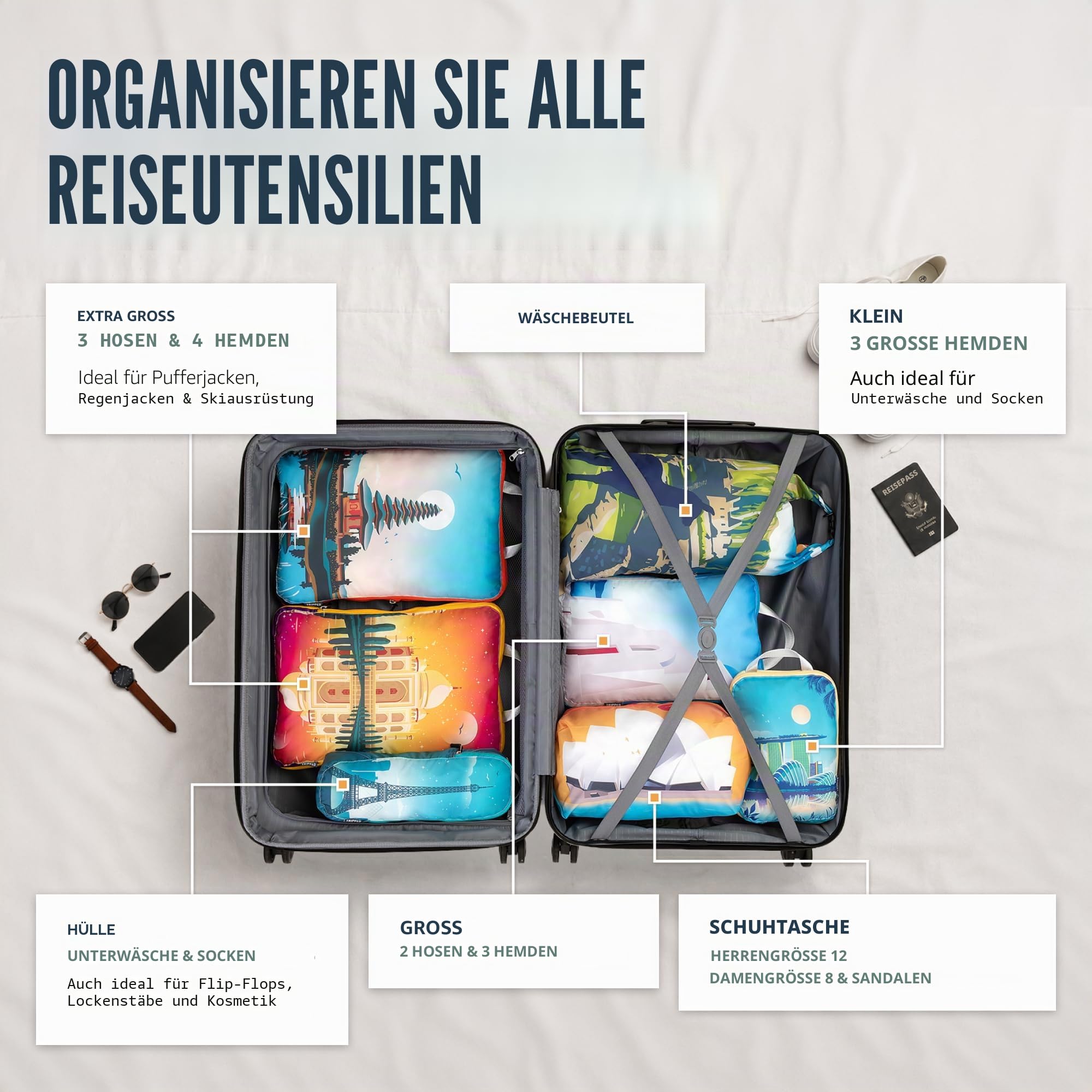 Große Packwürfel für Reisen, extra große Gepäck-Organizer, 7-teiliges Set, ultraleicht, erweiterbar/Kompressionsbeutel für Kleidung von TRIPPED Travel Gear (Bucketlist)