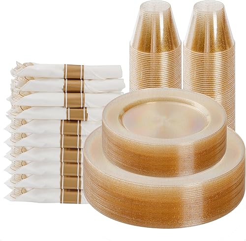 Juego de vajilla de plástico con purpurina dorada de 175 piezas para 25 invitados, platos desechables elegantes para fiestas, incluye 25 platos