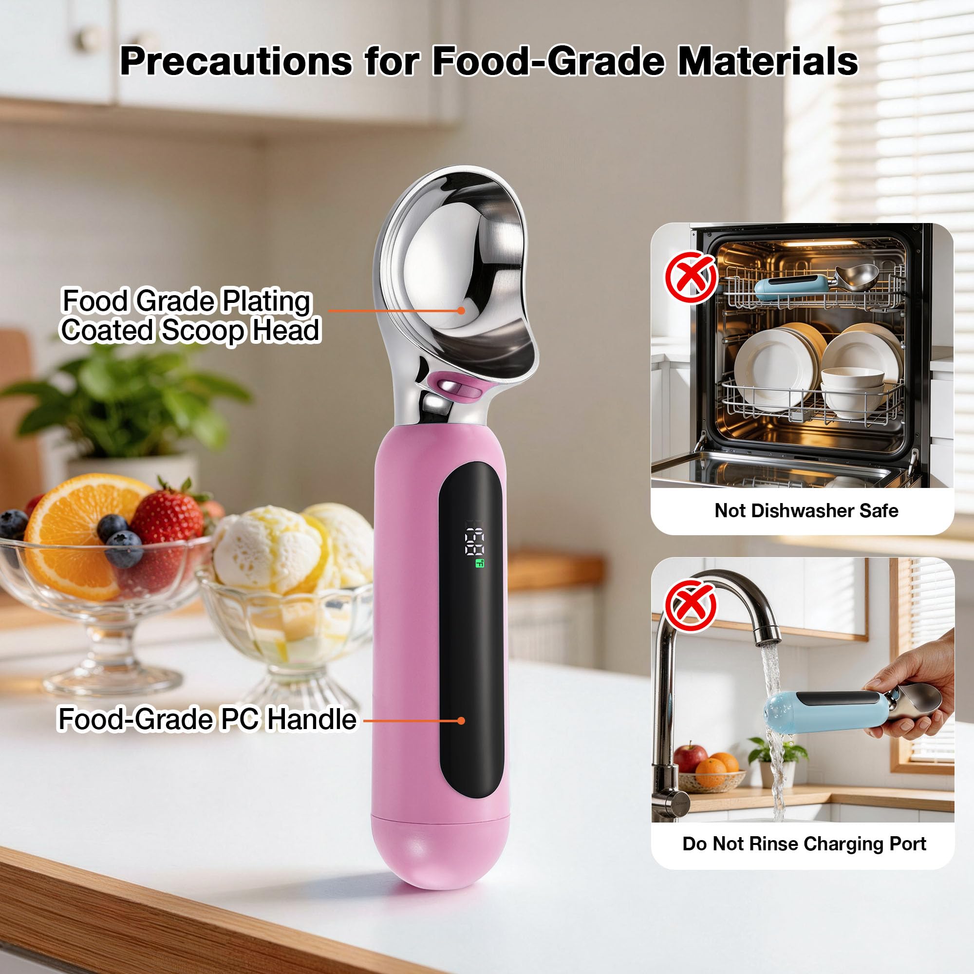 Paletta per gelato riscaldata, ricaricabile, elettrica, con display a LED, interruttore on/off, impermeabile IP67, riscalda fino a 70 °C, per gelato duro (rosa)