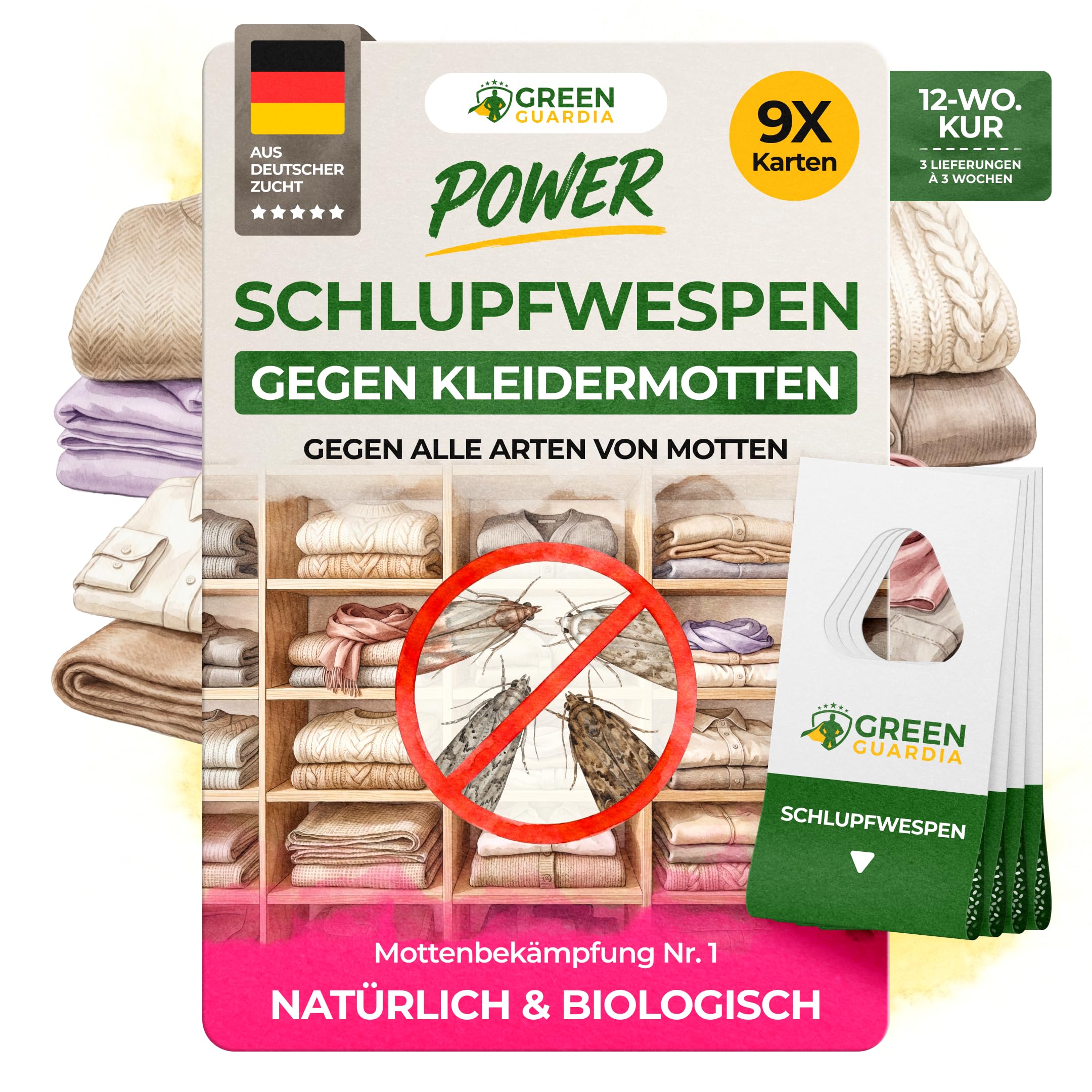 GREEN GUARDIA Schlupfwespen gegen Kleidermotten - 9 Karten à 4 Lieferungen - Effektiv Motten bekämpfen/Bio- und Umweltfreundliche Alternative zu Mottenfalle, Mottenspray, Pheromfalle