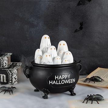 Glitzhome Halloween Lighted Witch Cauldron Table Decor, 9 Inch Resin Cauldron with 10 Glowing Mini Ghosts, Auto 6H On/18H Off Timer, Happy Halloween Resin Shelf Sitter Figurines for Table Centerpiece
