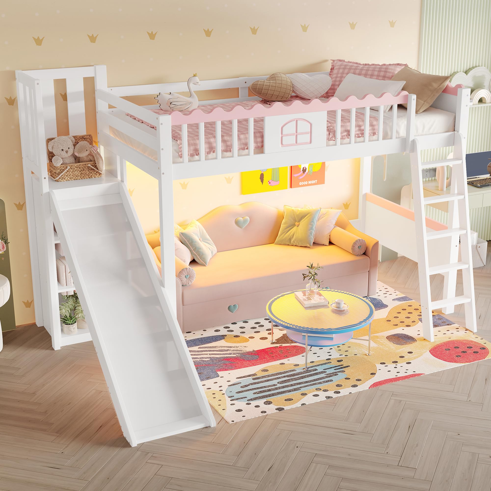 Merax Kinderbett 90x200, Hochbett mit Rutsche und Stauraum, Jugendbett Mädchenbett, LED-Bettgestell mit Lattenrost(ohne Matratze), Einzelbett aus Kiefernholz, EN747 Zertifiziert, Weiß
