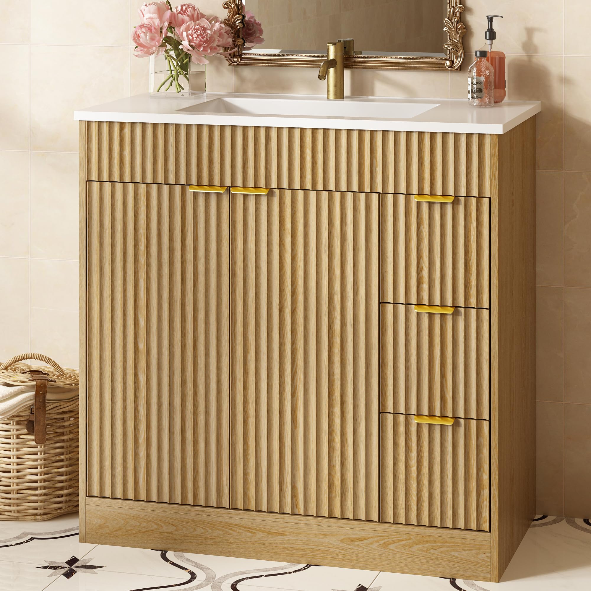 NOVAMAISON 36" Fluted Bathroom Vanity with Sink, Freestanding Bathroom Cabinet with Soft Closing Door Storage and 3 Drawers Space, Modern Single