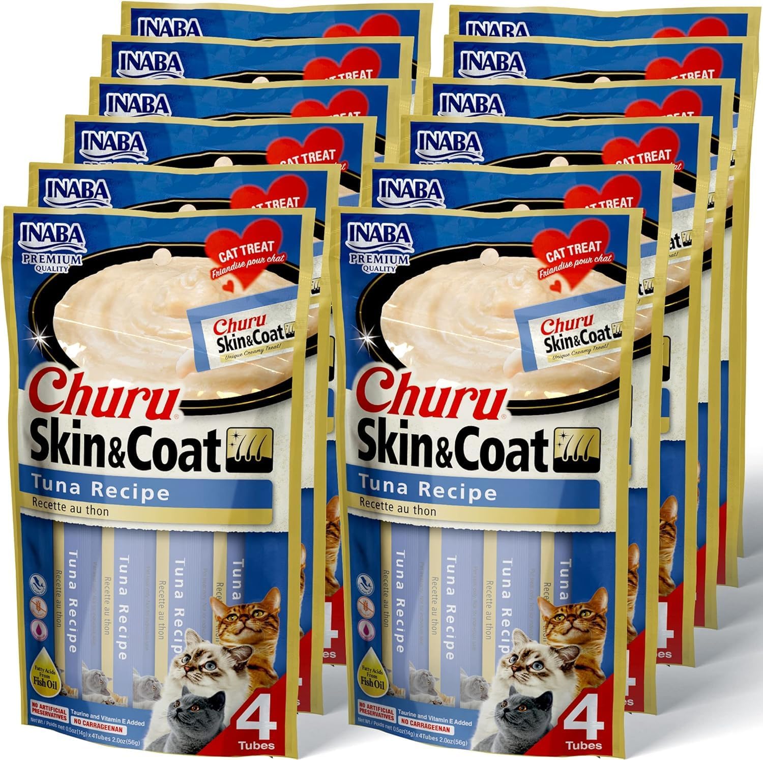INABA Churu for Skin and Coat Lickable Purée Natural Cat Treats with Omega Oils, Taurine and Green Tea, 0.5 Ounces Each - 2 Flavor Variety Pack (48 Tubes)