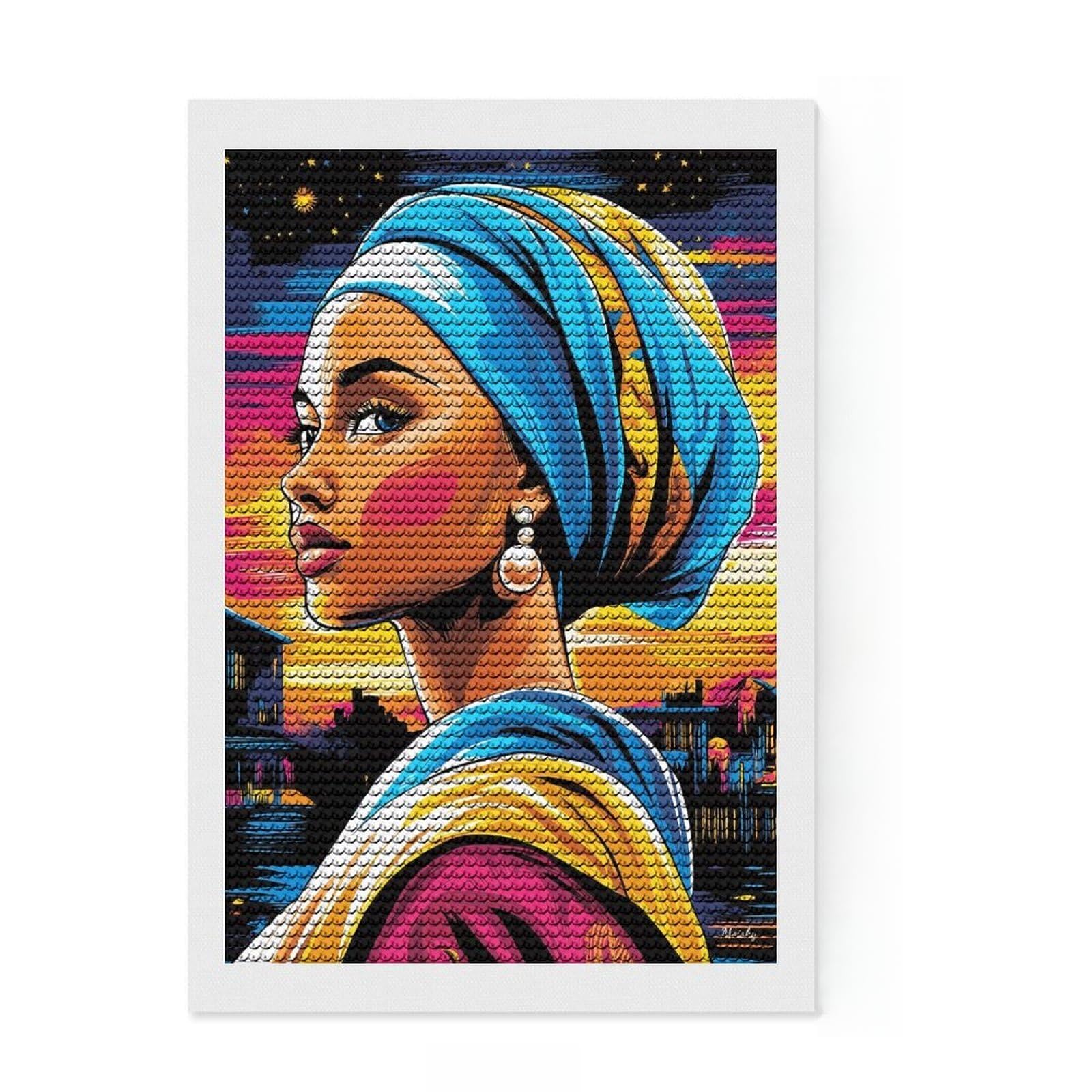 Junmoney Pop Art Vision of Girl with A Pearl Earring Diamond Art Canvas 8"x12", Stress Relief Craft, Neat Printed Canvas, Modern Decor, for Family Craft Time