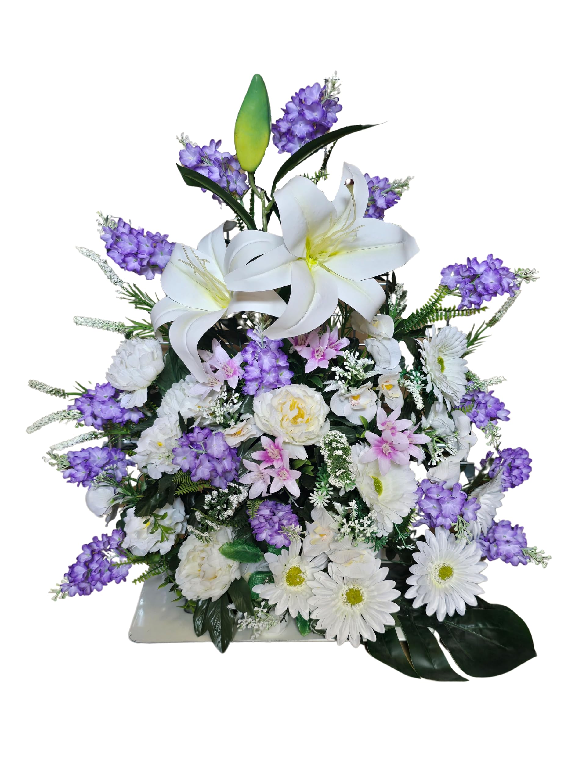 DRW Centro de Flores Artificiales Cementerio, Iglesia Bodas sepulturas Malva y Blanco con gerberas, liliums, Lilas y peonias 65x40x60 cm