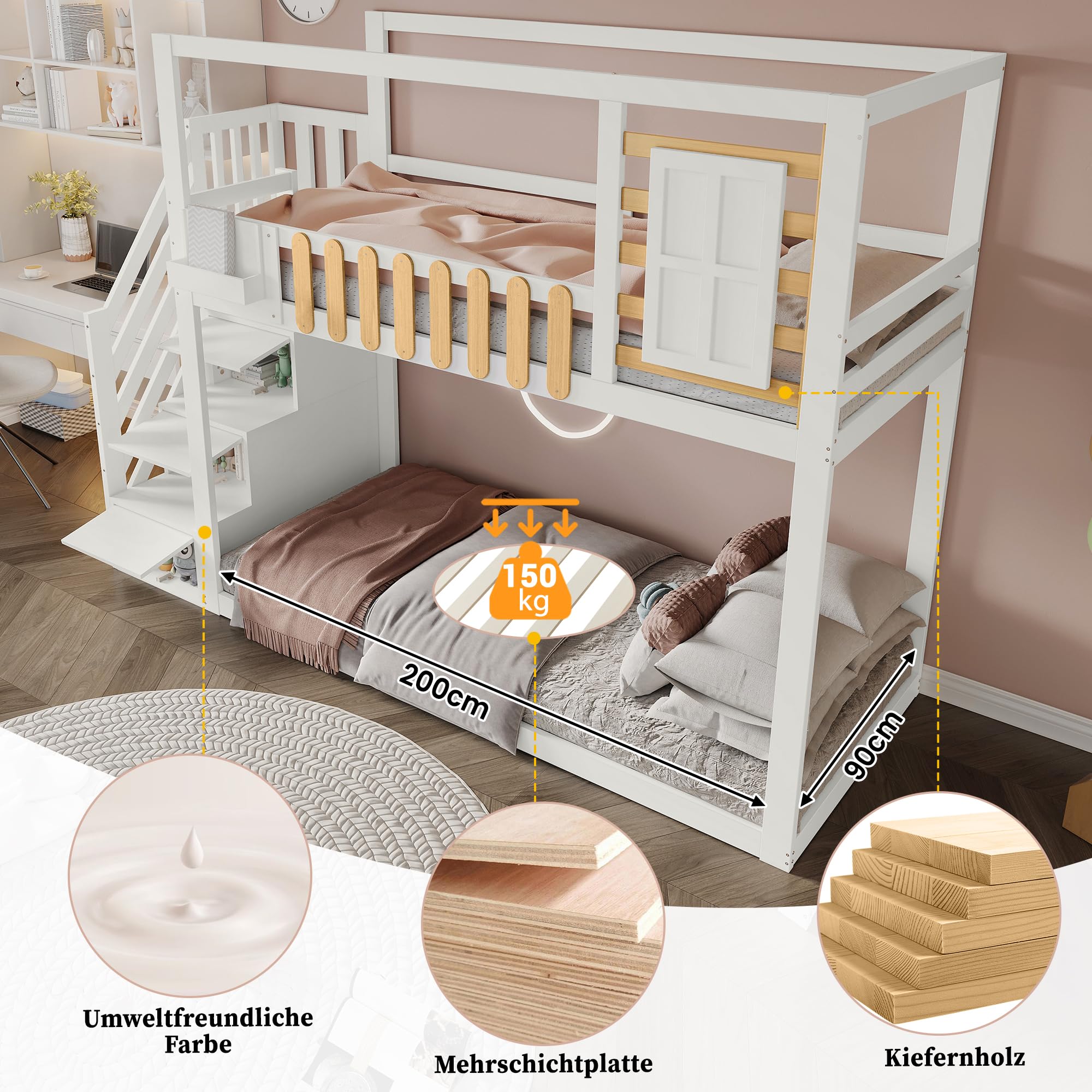 Aoskem Kinderbett Etagenbett 90x200 cm für 2 Kinder, Hochbett Hausbett mit Treppe Stauraum, Holzbett mit Fenster & Gitter, Bettgestell Kinderbett mit Rausfallschutz & Lattenrost, Ohne Matratze, Weiß