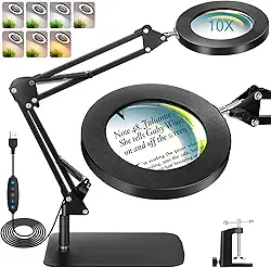 10X Lupa de Mesa, Luminária de Mesa LED 2 em 1 com Braçadeira, 7 Modos de Cor, Brilho com Ajuste Contínuo, Lupa com Luz para Leitura, Trabalho de Perto e Hobby/Lâmpada de lupa