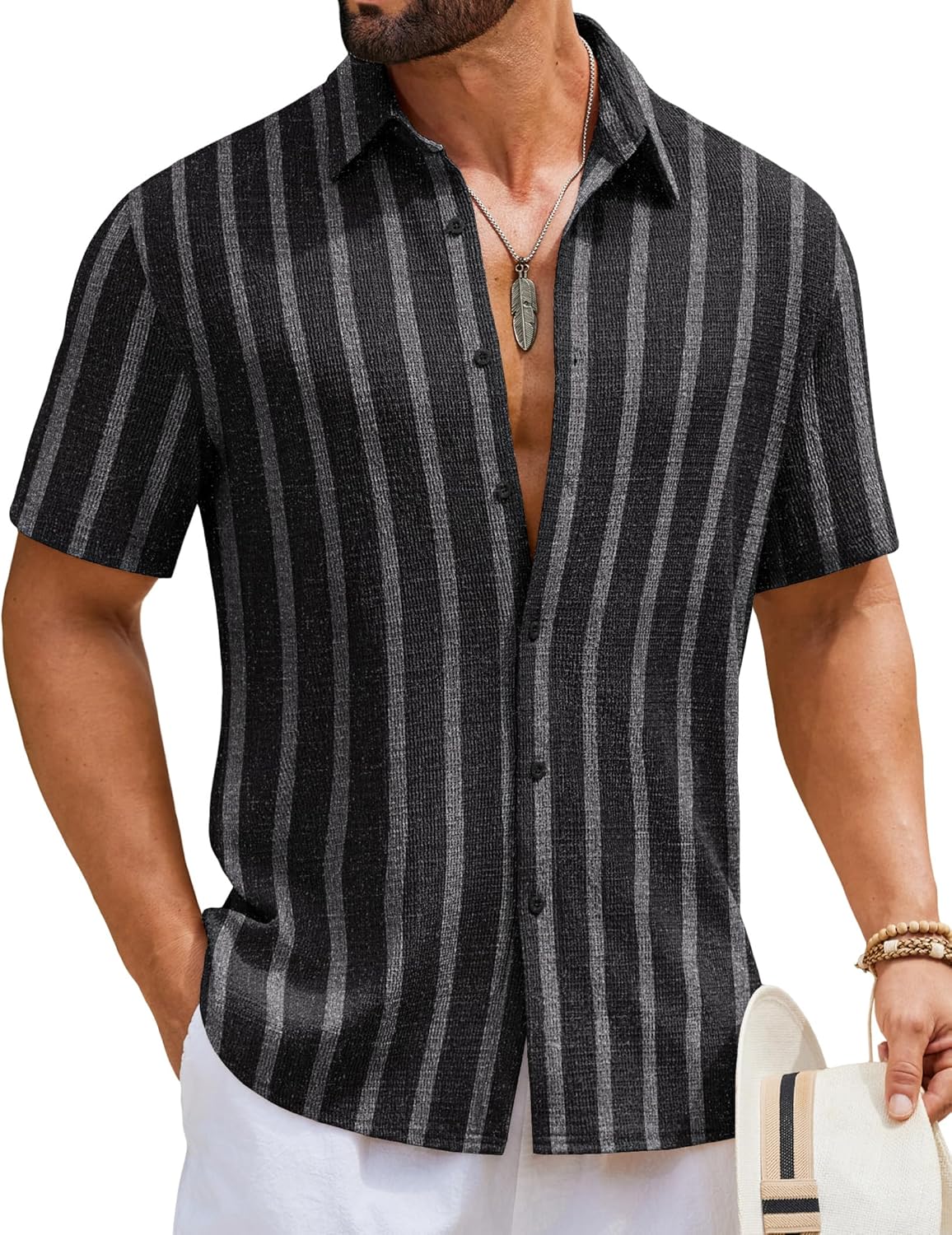 COOFANDY Mens Short Sleeve Casual Shirts Button Down Striped Summer Shirts Textured Vacation Beach Shirt