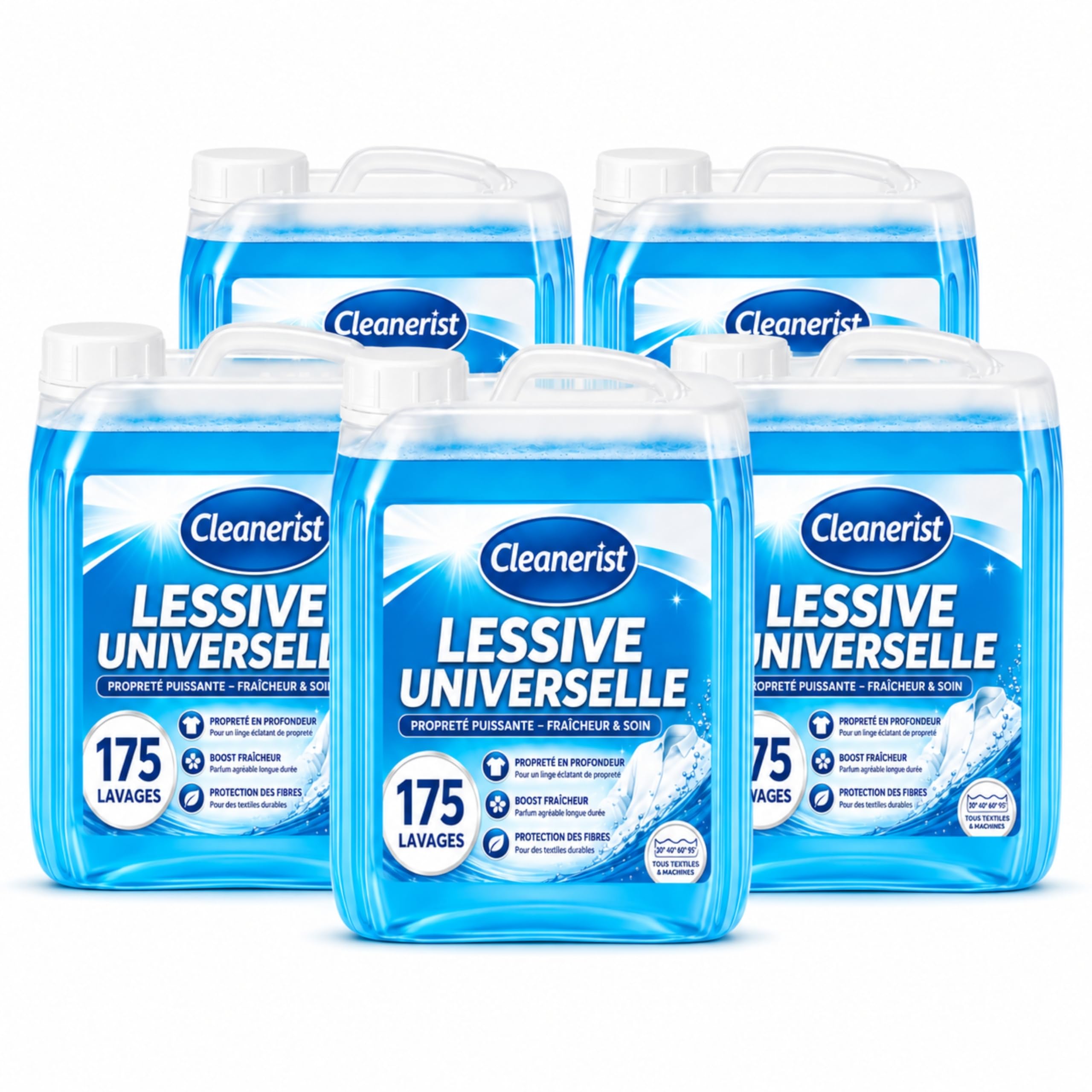 Cleanerist® Lessive Liquide Universelle 5x 5L (875 Lavages) - Détergent Concentré XXL Linge Blanc, Couleur et Noir - Parfum Frais 20-95°C - Alternative aux Pods et Poudre
