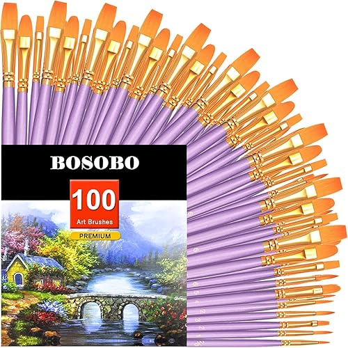Miniatura 96 de BOSOBO Juego de 6 pinceles de pintura, 60 pinceles de punta redonda puntiaguda, pinceles de nailon para artistas del cabello acrílicos para aceite