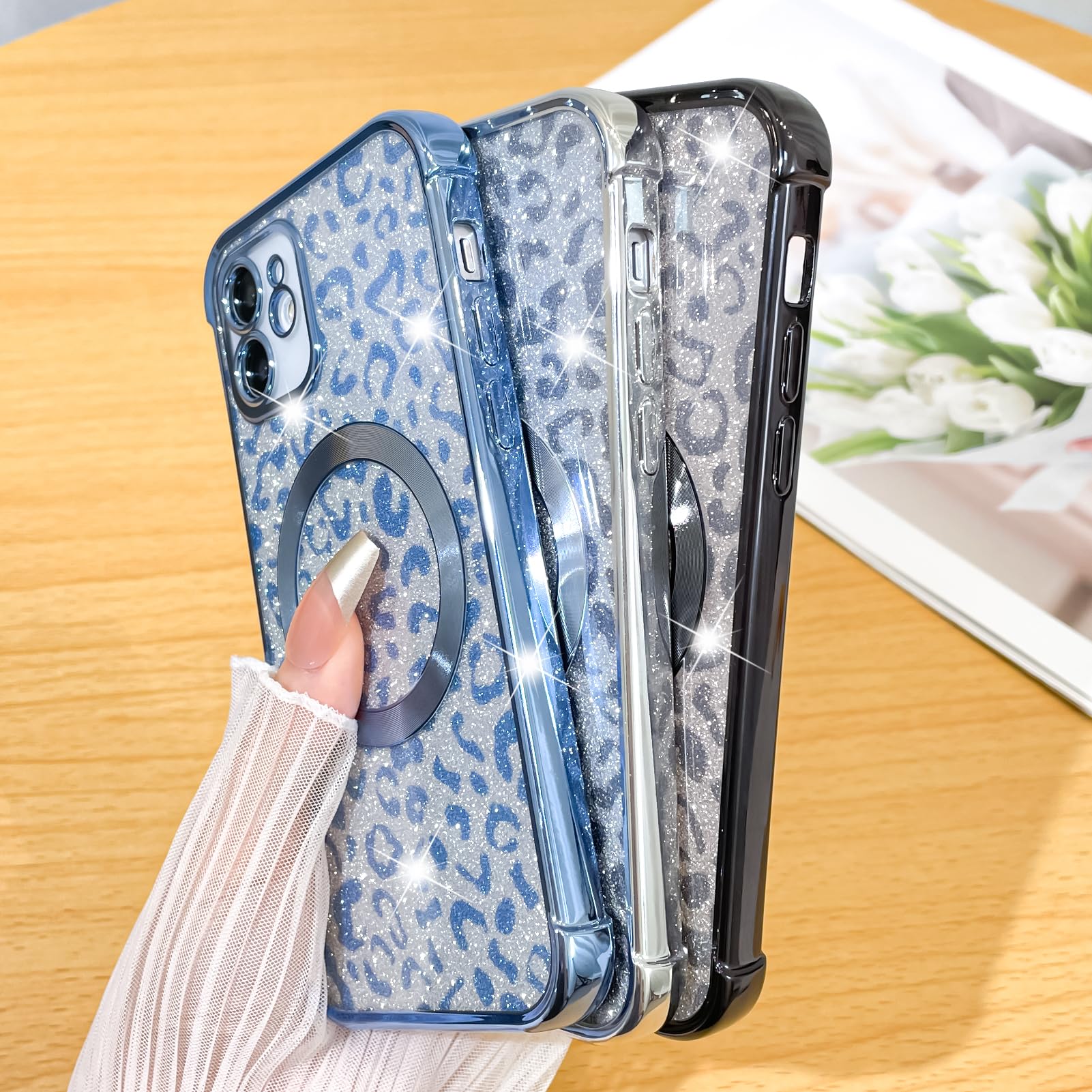 TETAW Cute For IPhone 16 Pro Magnetic Glitter Case,Luxury Bling Rhinestone Diamond Plated Bumper Case,Compatible With MagSafe, Sparkle Camera Lens Protection Clear Cover For Women Girls(Gold