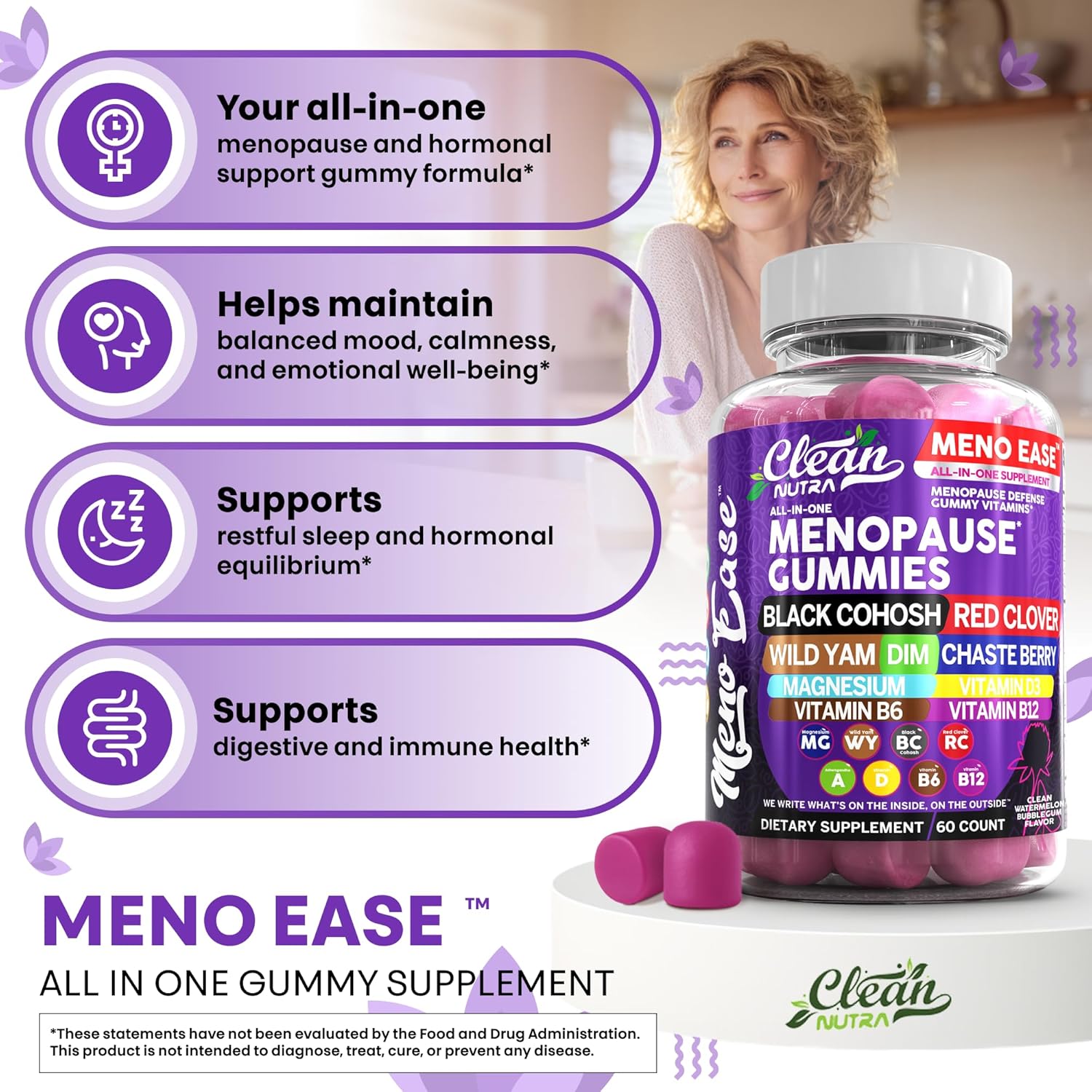 Menopause Supplement for Women Gummies with Black Cohosh, Wild Yam, DIM, Magnesium, Red Clover Chasteberry for Hormone Balance Relief Night Sweats Mood Plus Bergamot, Vitamin D3, Vitamin B6 B12 - Image 8