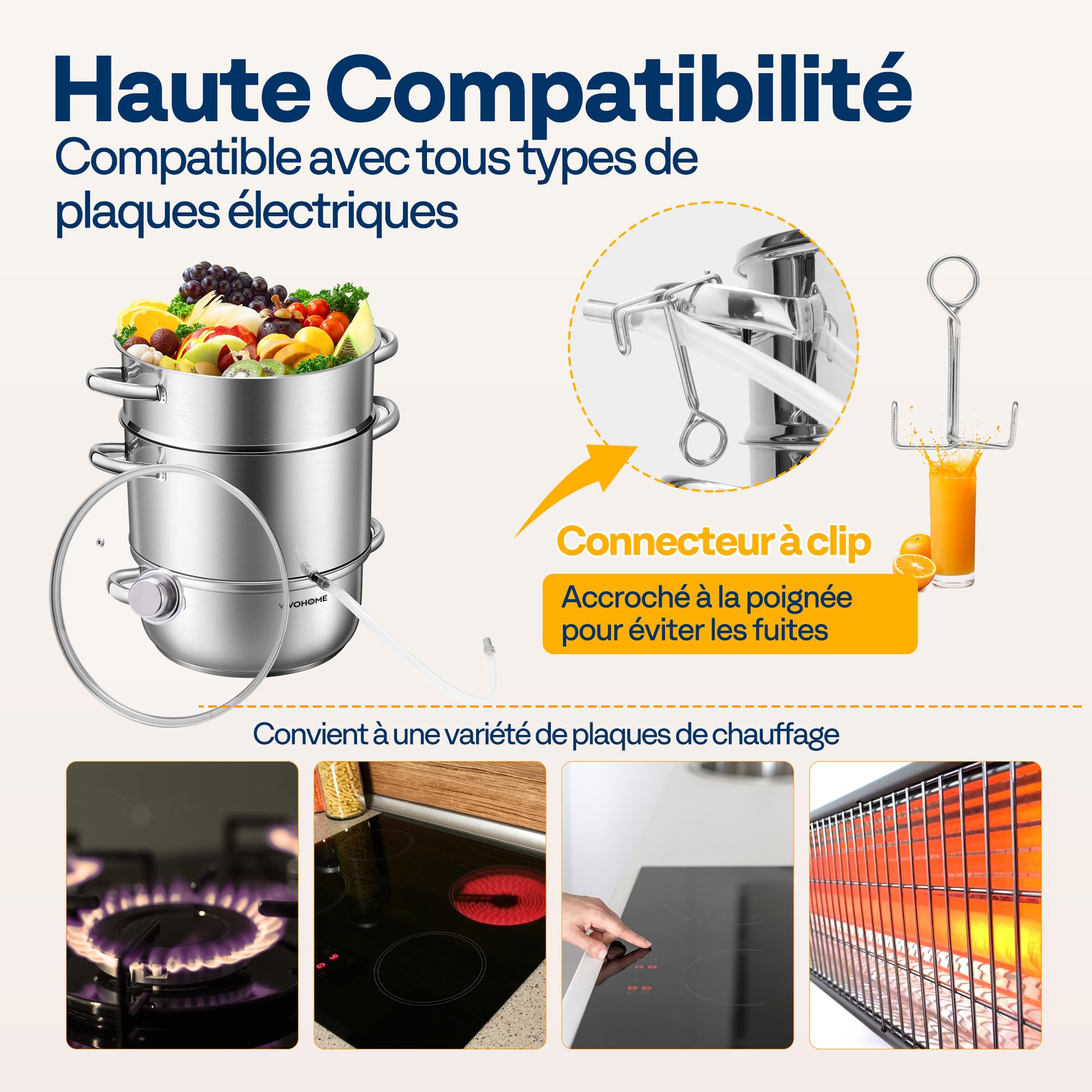 VIVOHOME Extracteur de Jus à Vapeur avec Couvercle en Verre, Ø 26cm, Capacité 8L, Convient à tous les Types de Cuisinières, y compris Induction, Idéal pour le Jus de Fruits et Légumes
