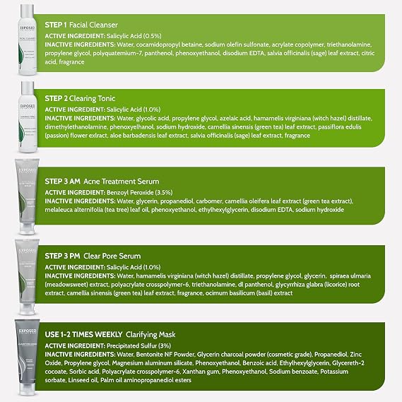 Exposed Skin Care, Acne Treatment Kit with 2.5% Salicylic Acid and 3.5% Benzoyl Peroxide to Clear Up Teen, Adult, Hormonal and Cystic Acne Natural, Non-toxic and Cruelty Free