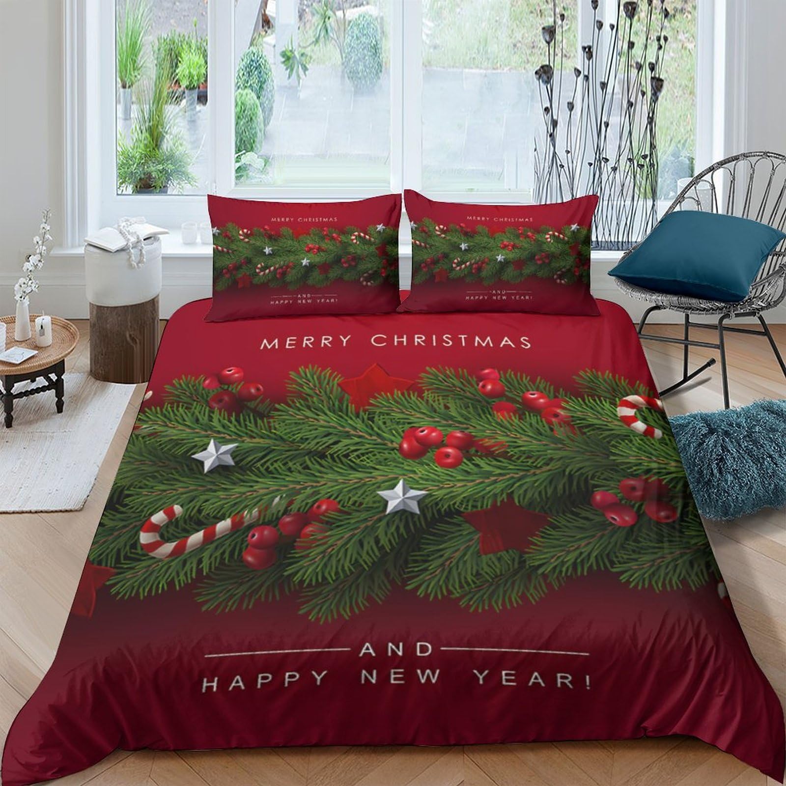 TUFRTGYHN 3D Printed Christmas Pine Duvet Cover Microfiber Soft Breathable Candy Cane Bedding Set with 2 Pillowcases for Bedroom Decor Single（135x200cm）
