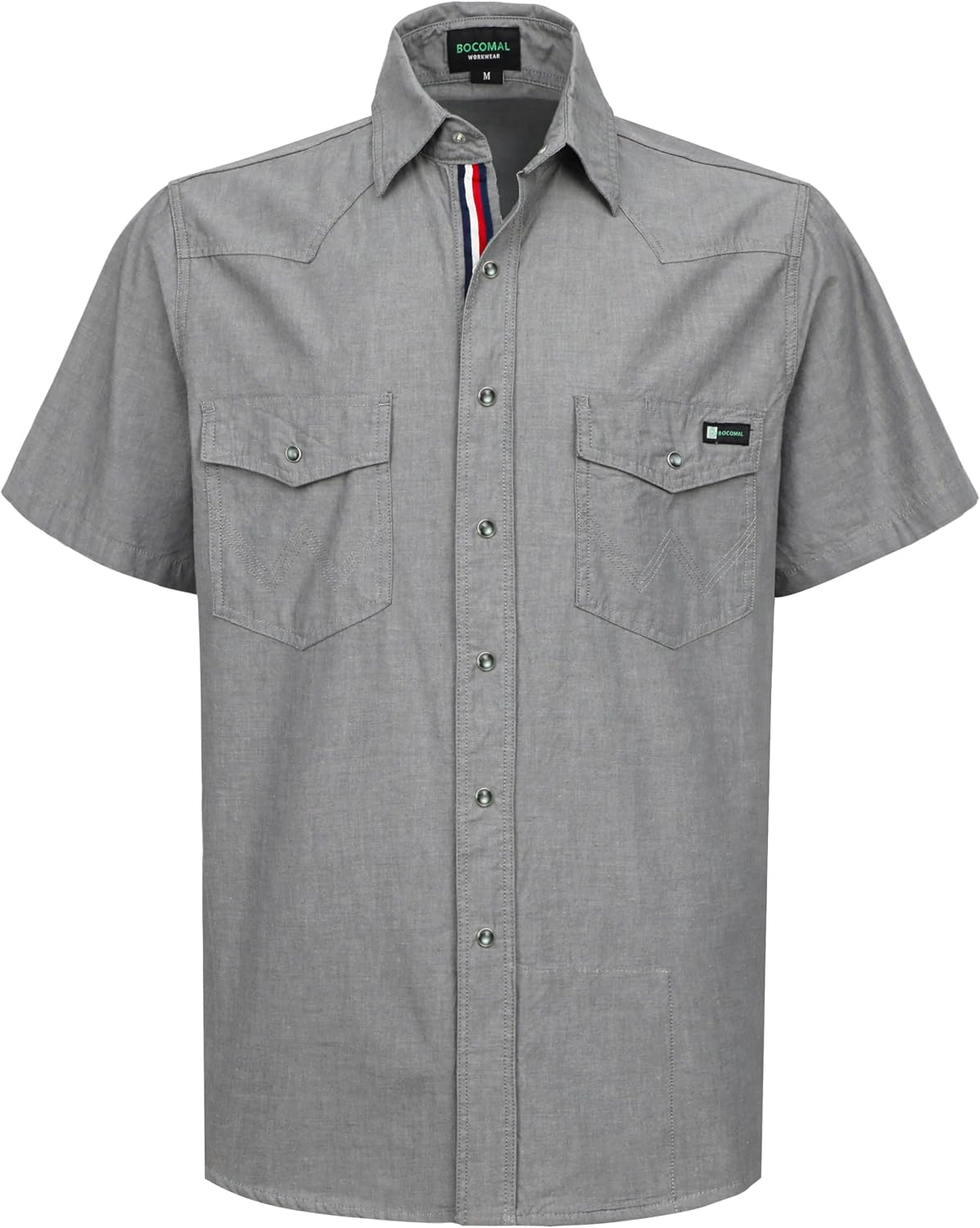 BOCOMAL Non FR-Men's Summer Work Shirts Short Sleeve Pearl Snap Down Relaxed Fit - Lightweight 100% C Chambray, EX-Soft