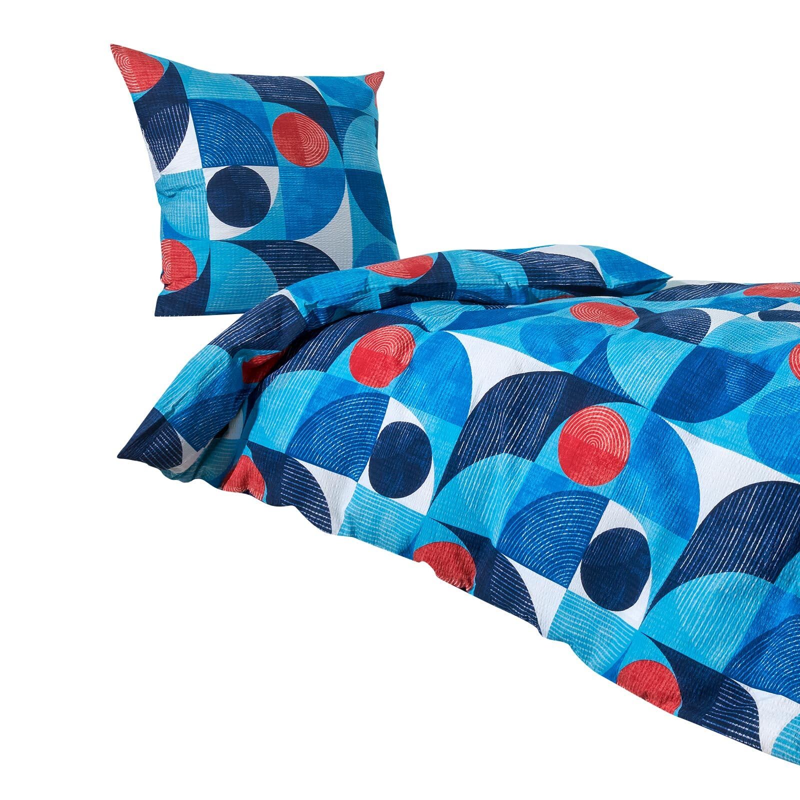 Traumschlaf Seersucker Sommerbettwäsche Parma blau – bügelfrei & pflegeleicht - mit modernem Kreisdesign - aus 100% Baumwolle - 155x220 cm + 80x80 cm